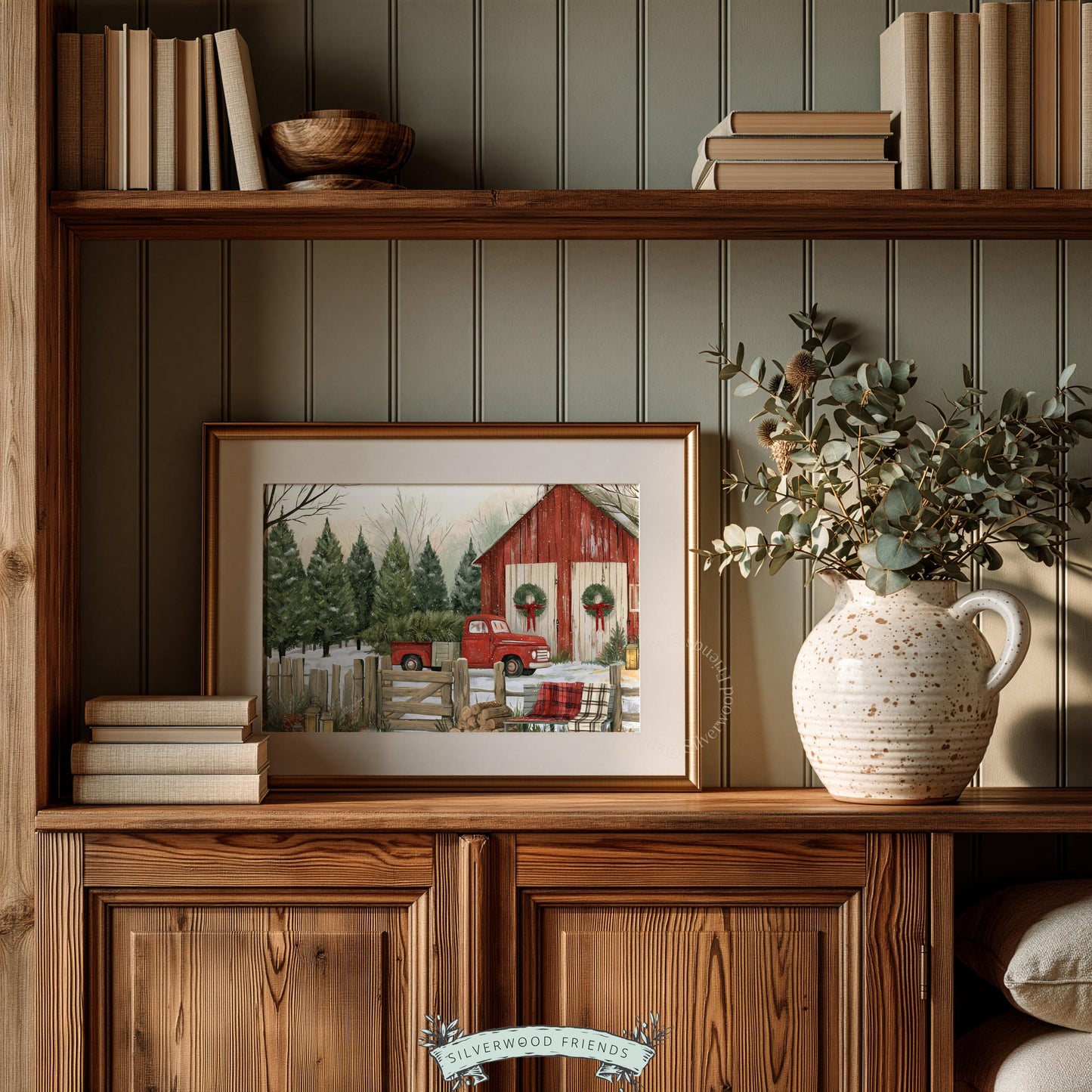 Festive farmhouse truck picture for hallway — weathered barn with greenery, lanterns, and snowy pines