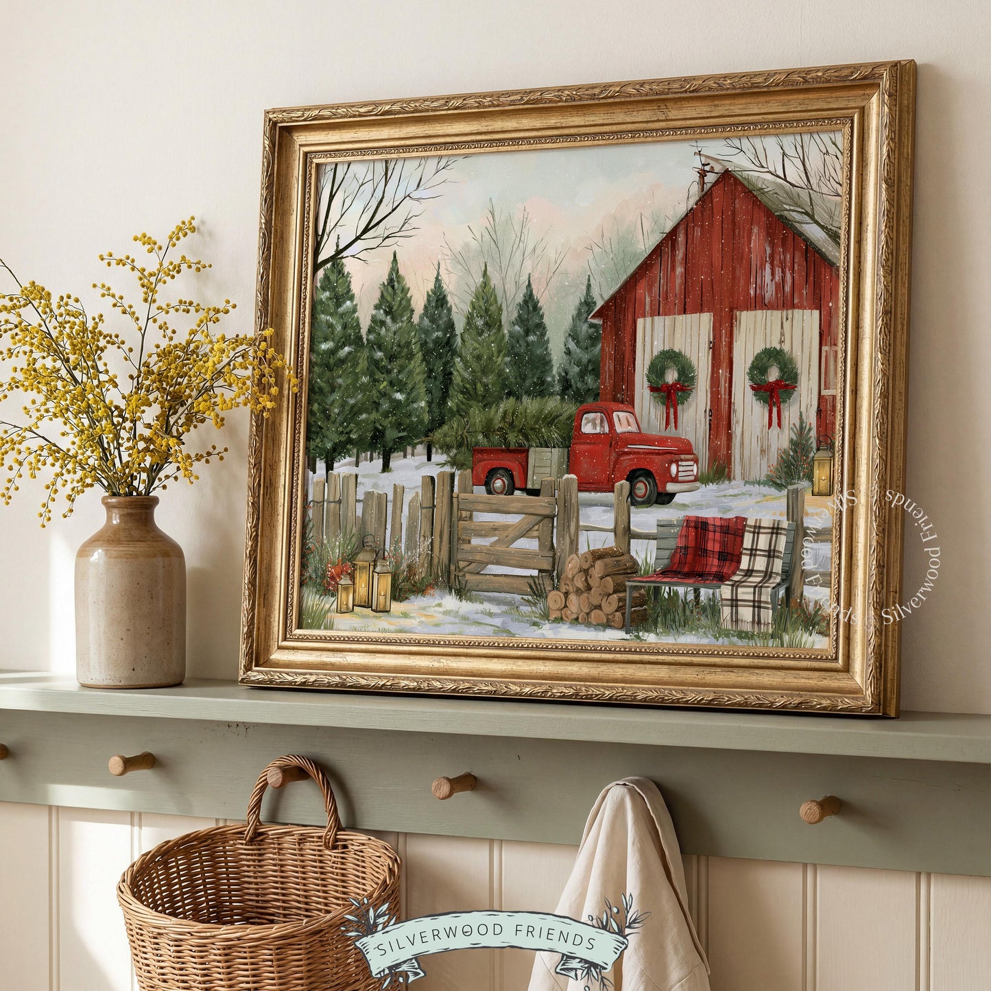 Red vintage truck painting wall art for farmhouse — Christmas tree farm scene with cozy winter aesthetic