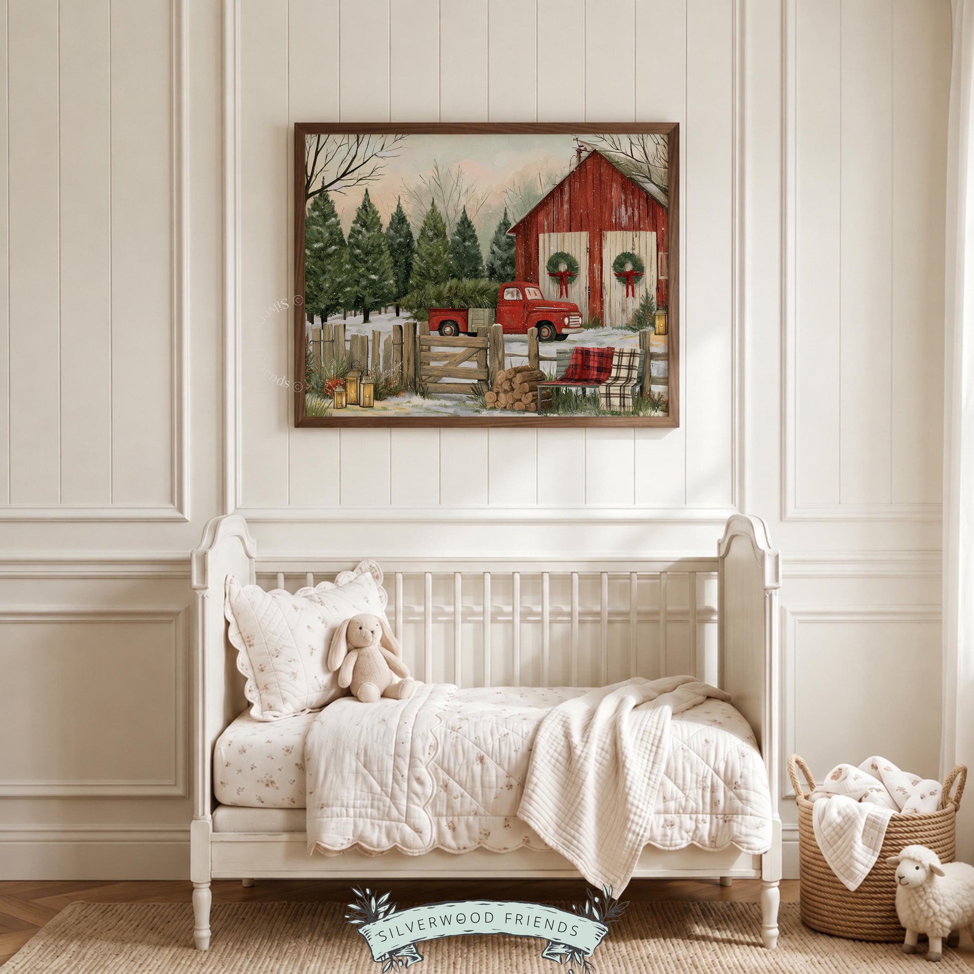 Countryside Christmas picture printable art for bedroom — peaceful tree farm with rustic charm