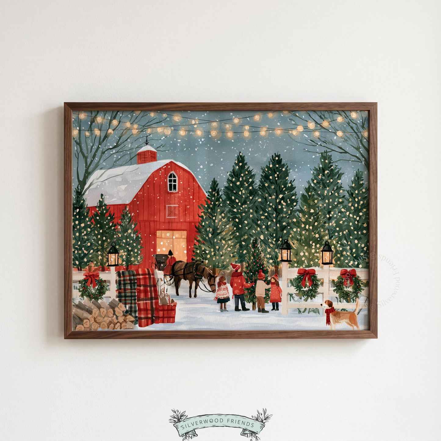 Farmhouse holiday poster for entryway — snowy barn landscape with wreaths, fencing, and vintage festive charm