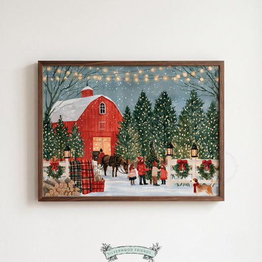 Farmhouse holiday poster for entryway — snowy barn landscape with wreaths, fencing, and vintage festive charm