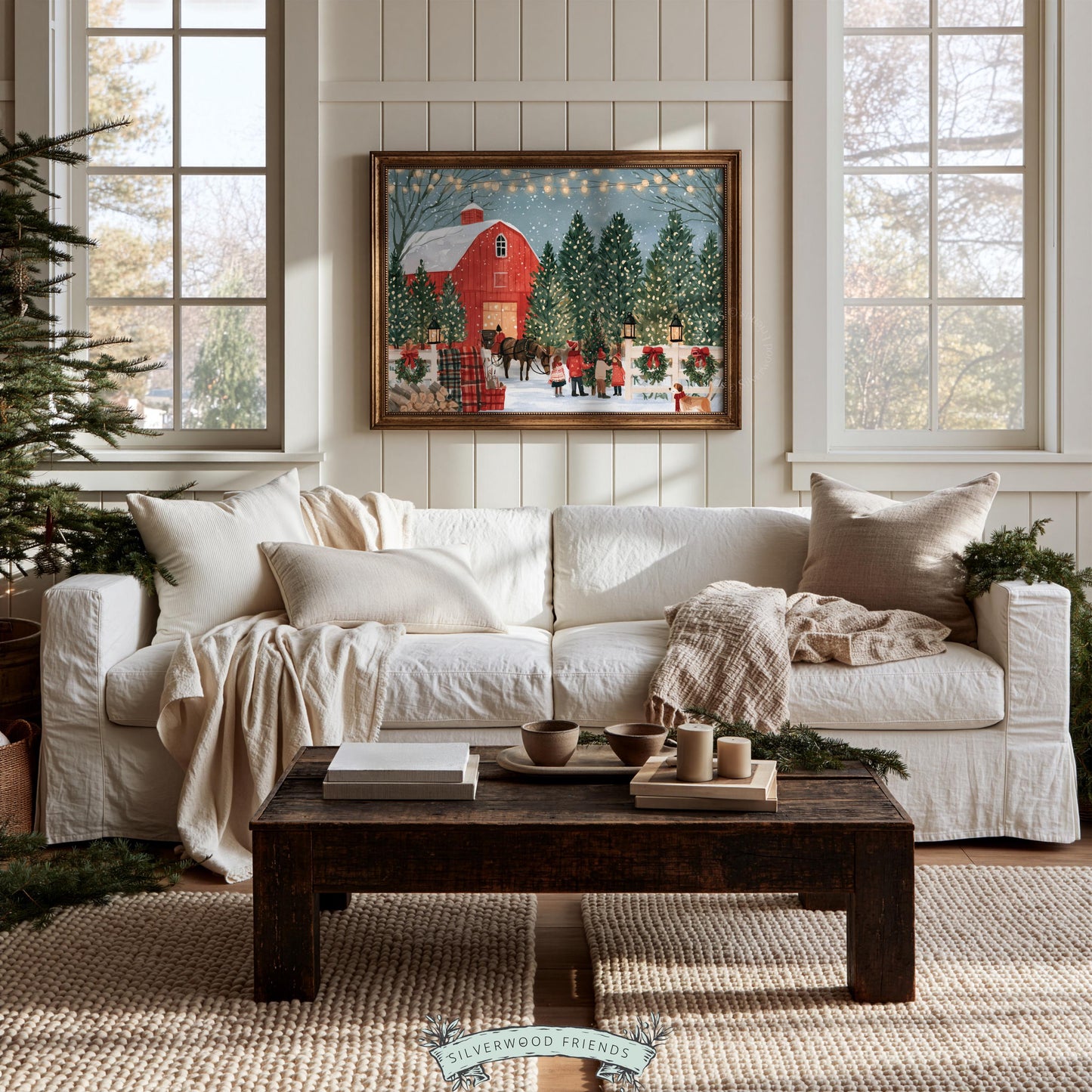 Vintage Christmas tree farm picture wall art for entryway — pastoral illustration with red barn, snow, and family celebration