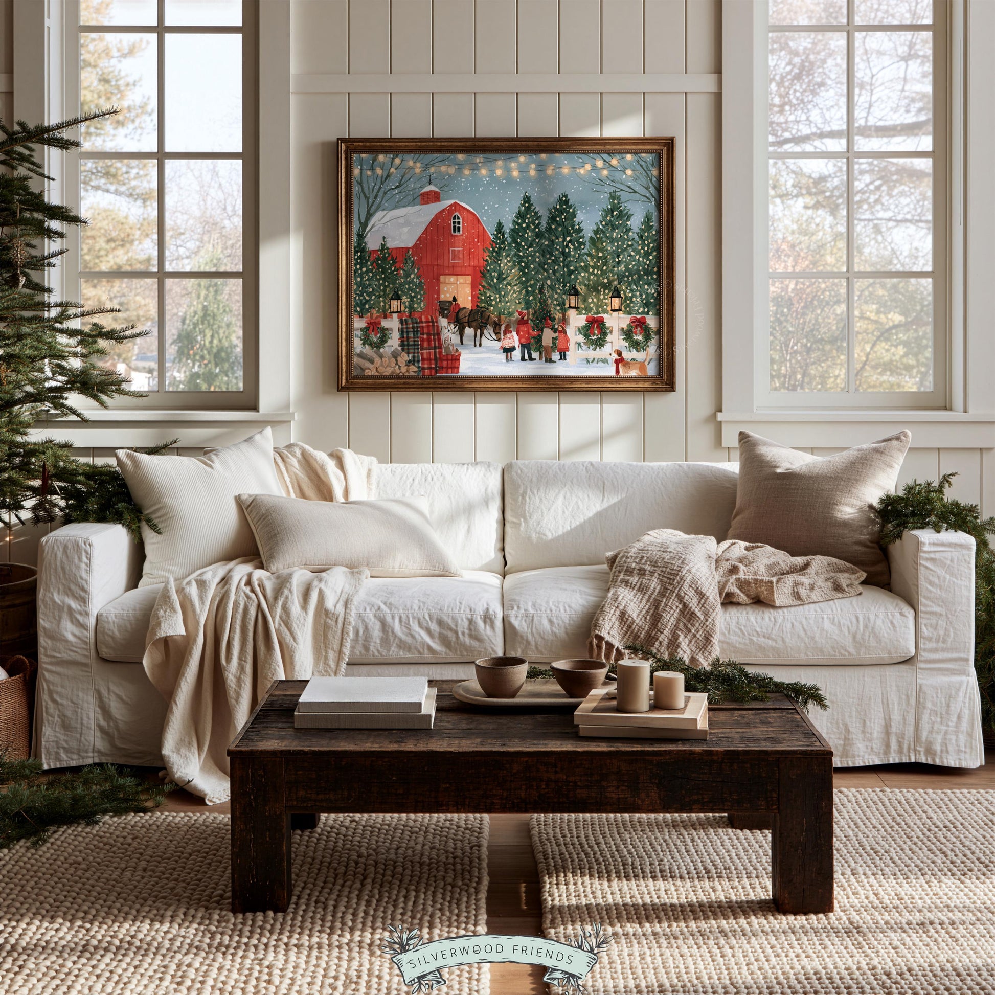 Vintage Christmas tree farm picture wall art for entryway — pastoral illustration with red barn, snow, and family celebration
