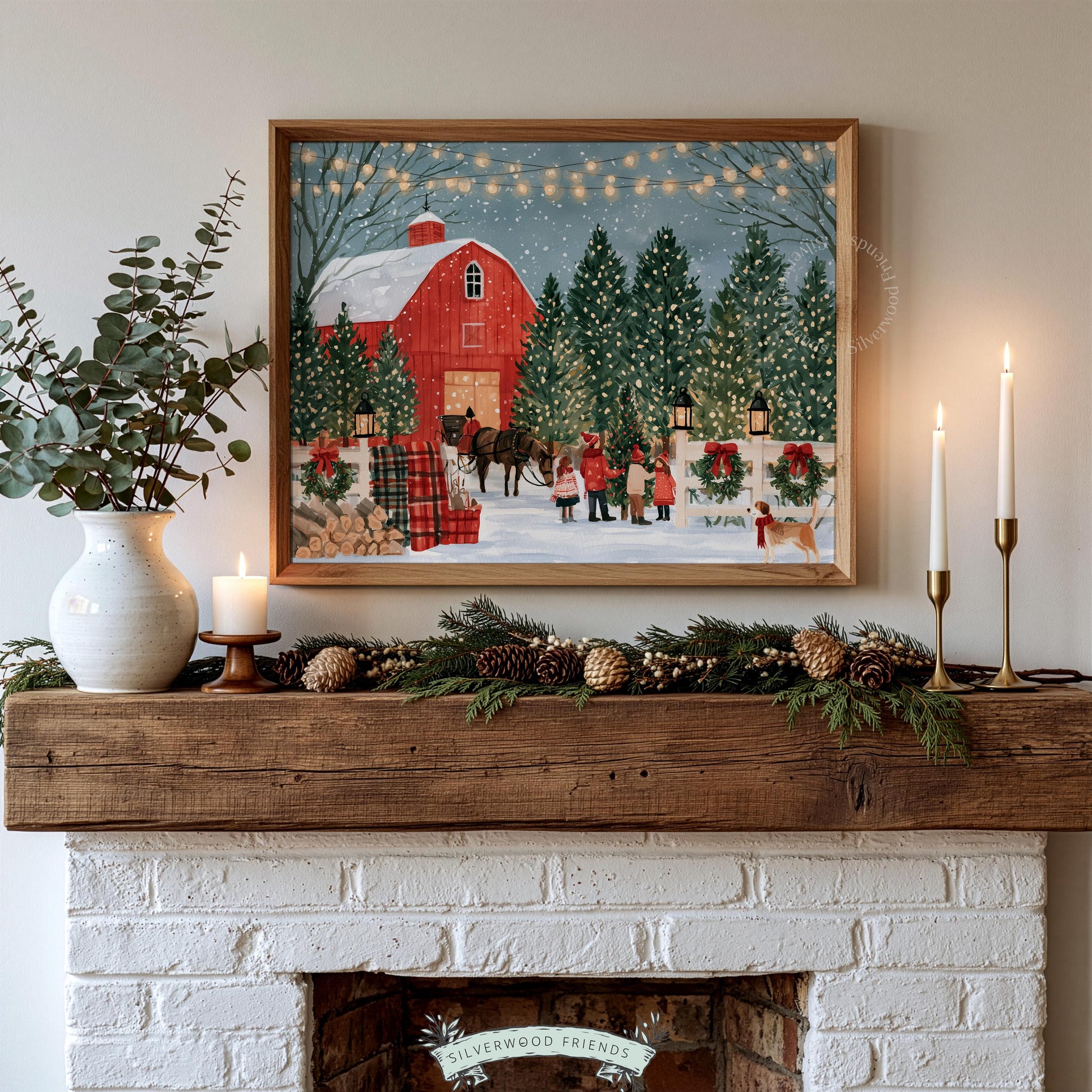 Festive barn scene artwork printable art — illustrated Christmas gathering with horse wagon and snow-dusted trees