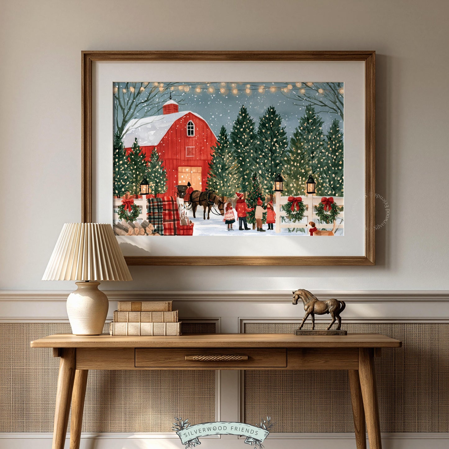 Christmas tree picking poster printable — rustic countryside barn with glowing lights and traditional holiday elements