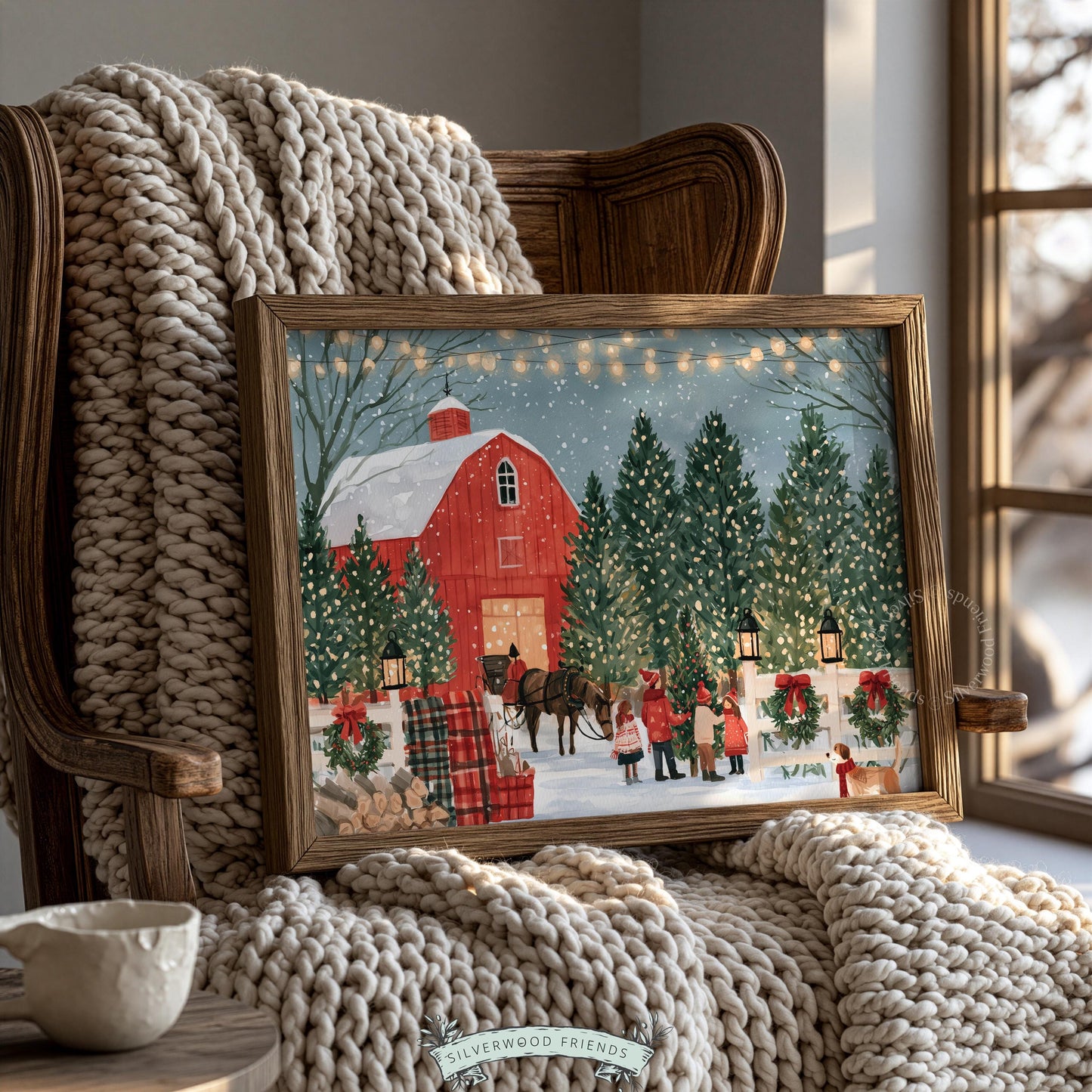 Christmas tree farm painting wall art for living room — red barn, snowy evergreens, festive holiday scene