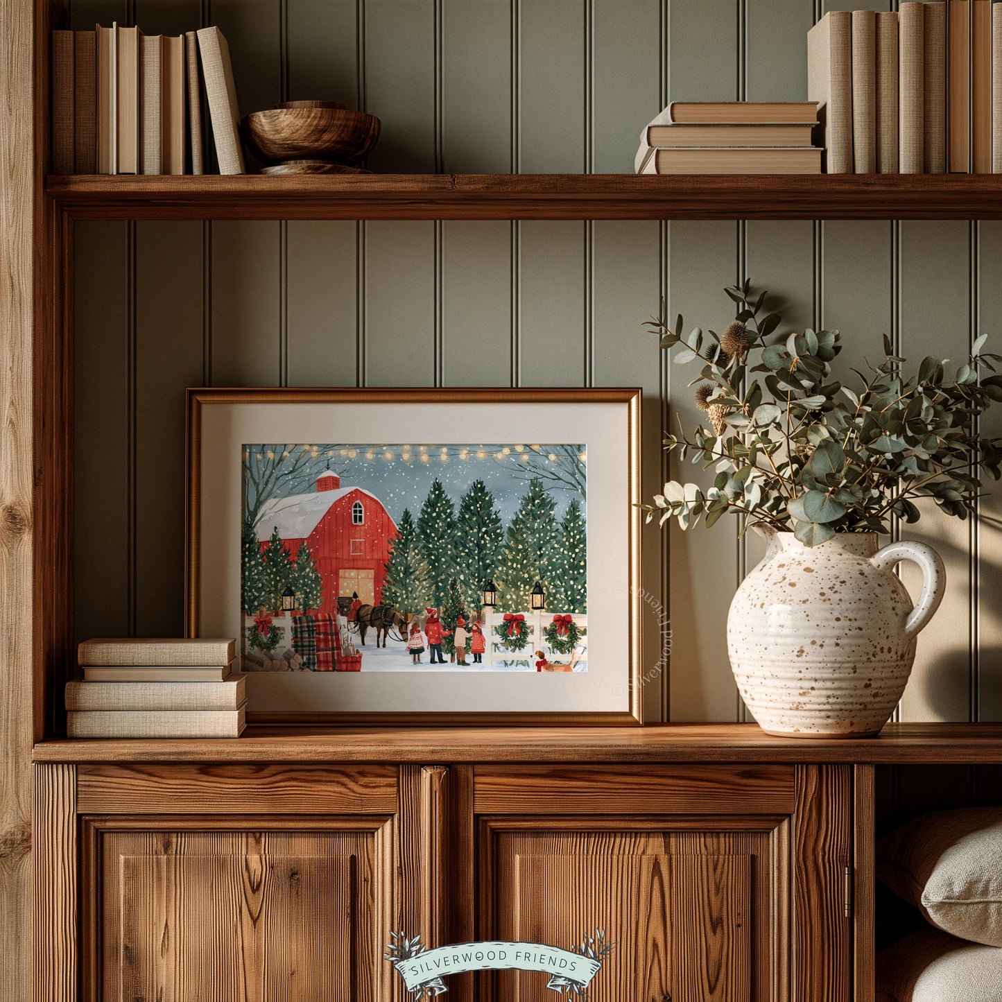 North Pole inspired artwork picture printable art — charming tree farm with family, sleigh, and warm holiday lighting