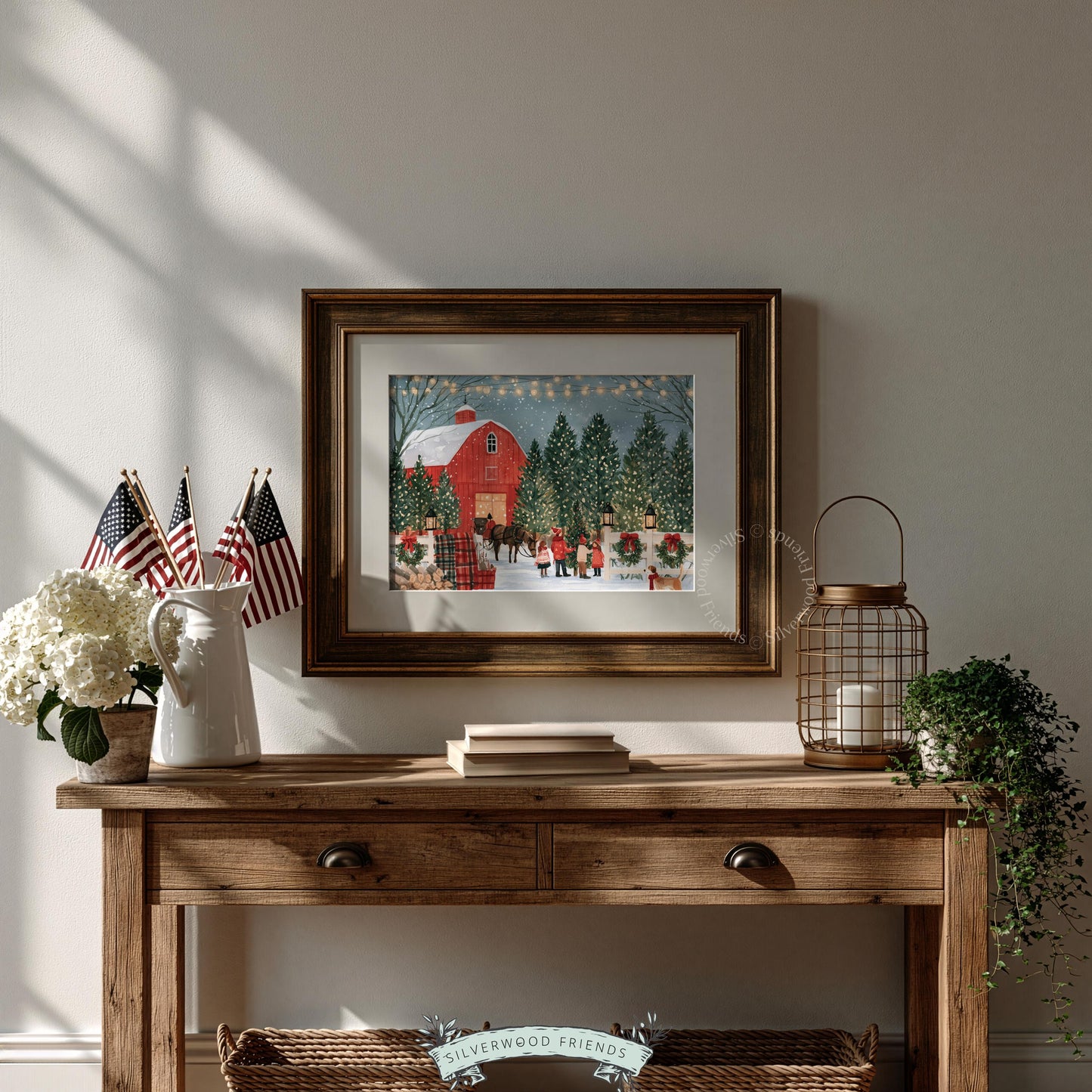 Cottagecore Christmas artwork printable — pastoral tree farm scene with children, wagon, and warm holiday atmosphere