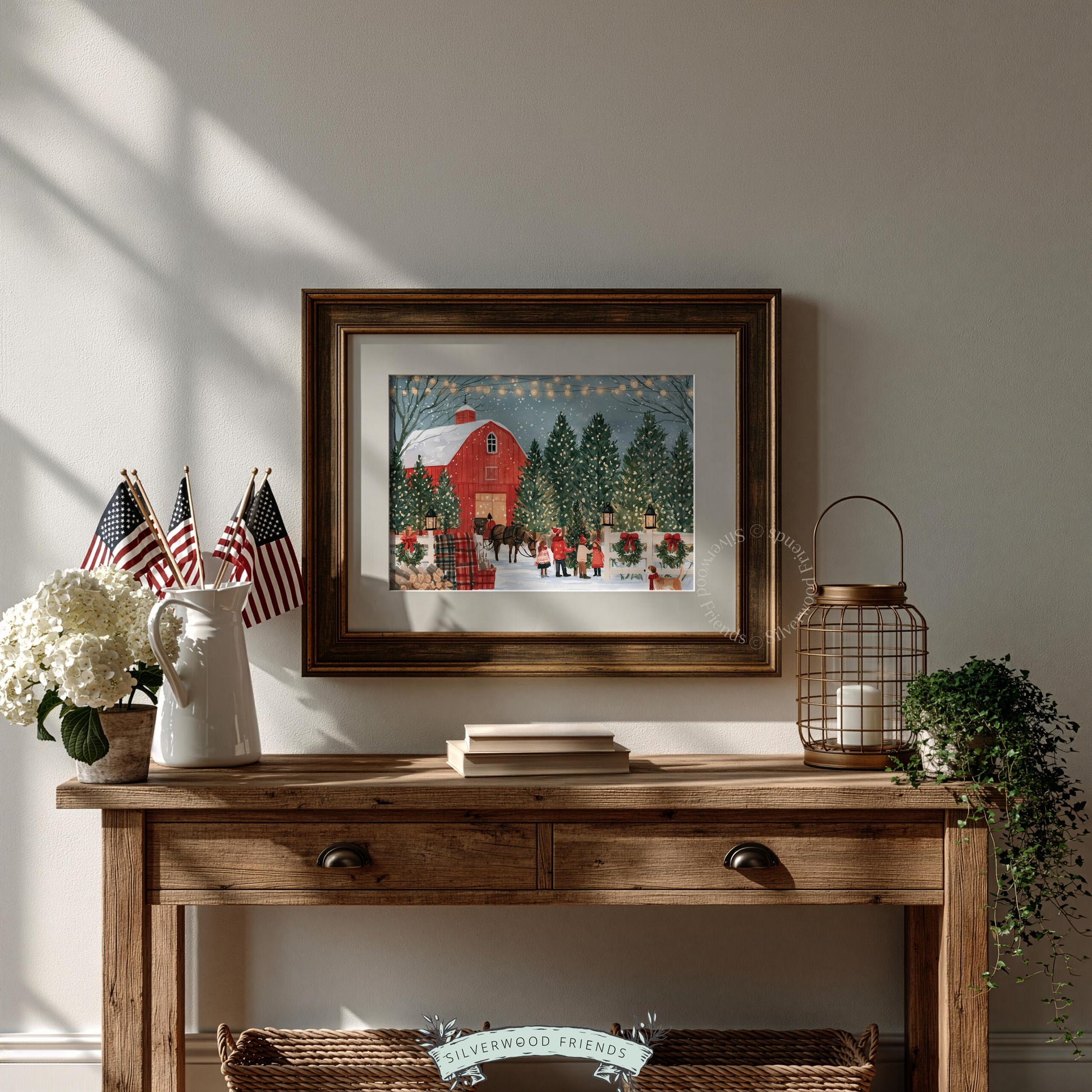 Cottagecore Christmas artwork printable — pastoral tree farm scene with children, wagon, and warm holiday atmosphere
