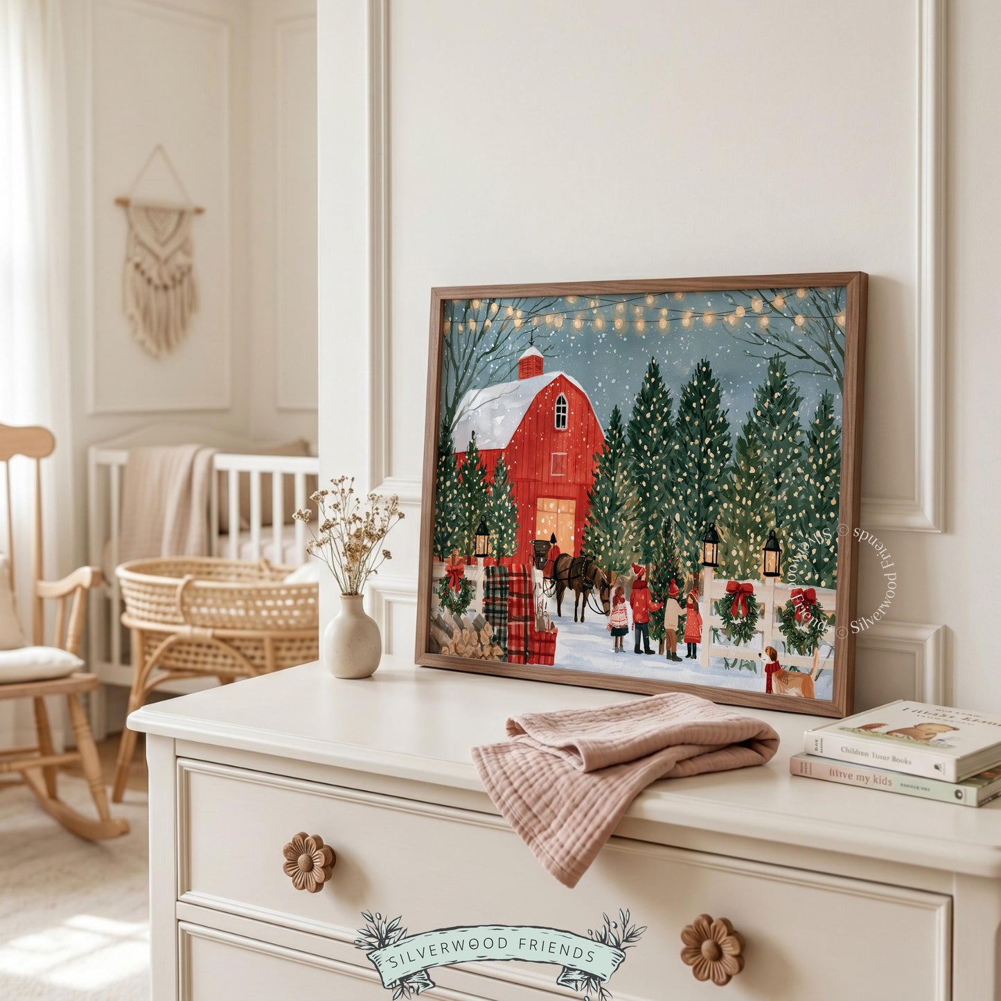 Farmhouse barn poster printable art — cozy winter gathering with family picking trees and string lights