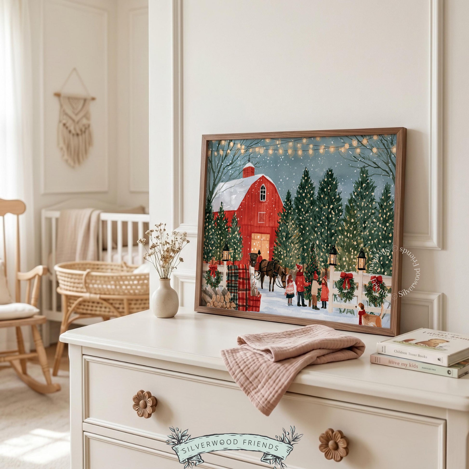 Farmhouse barn poster printable art — cozy winter gathering with family picking trees and string lights