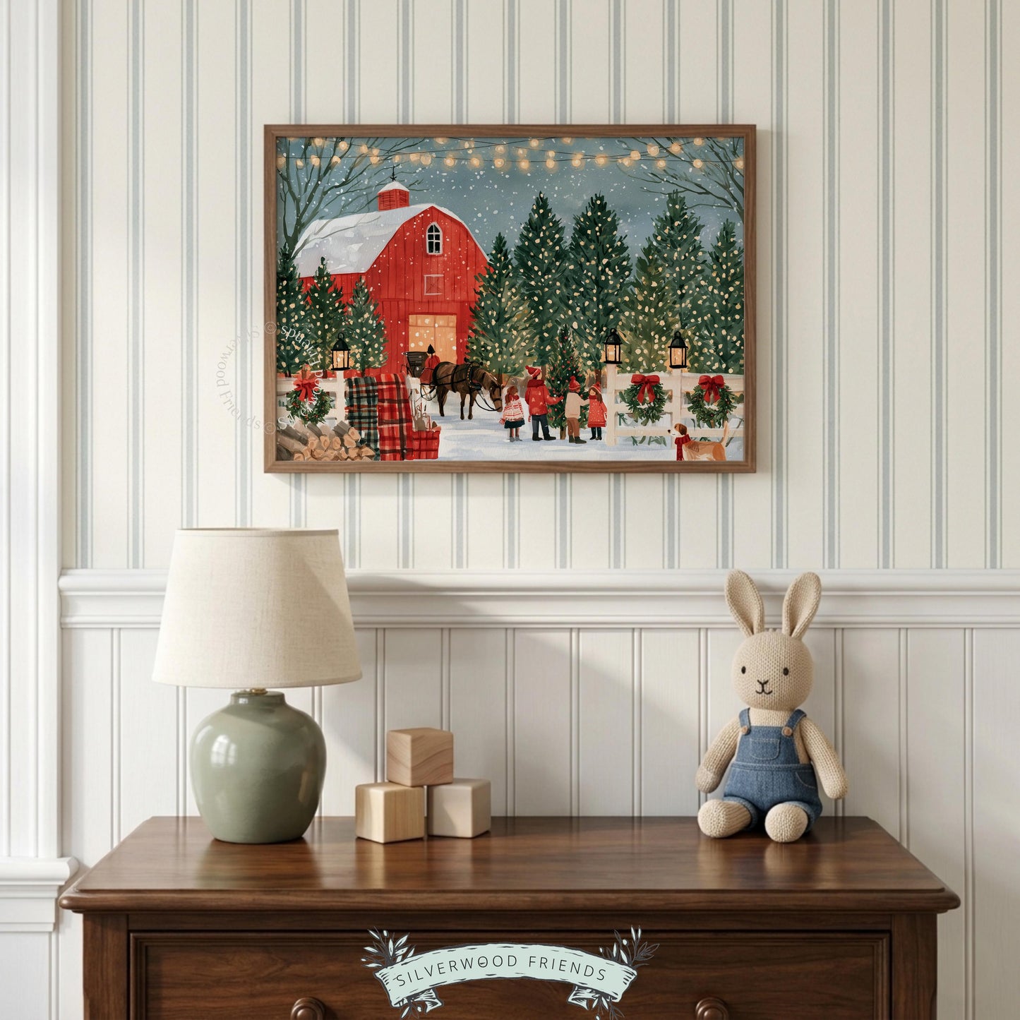 Festive Christmas barn painting wall art for bedroom — snowy evergreen grove with red barn and vintage holiday palette