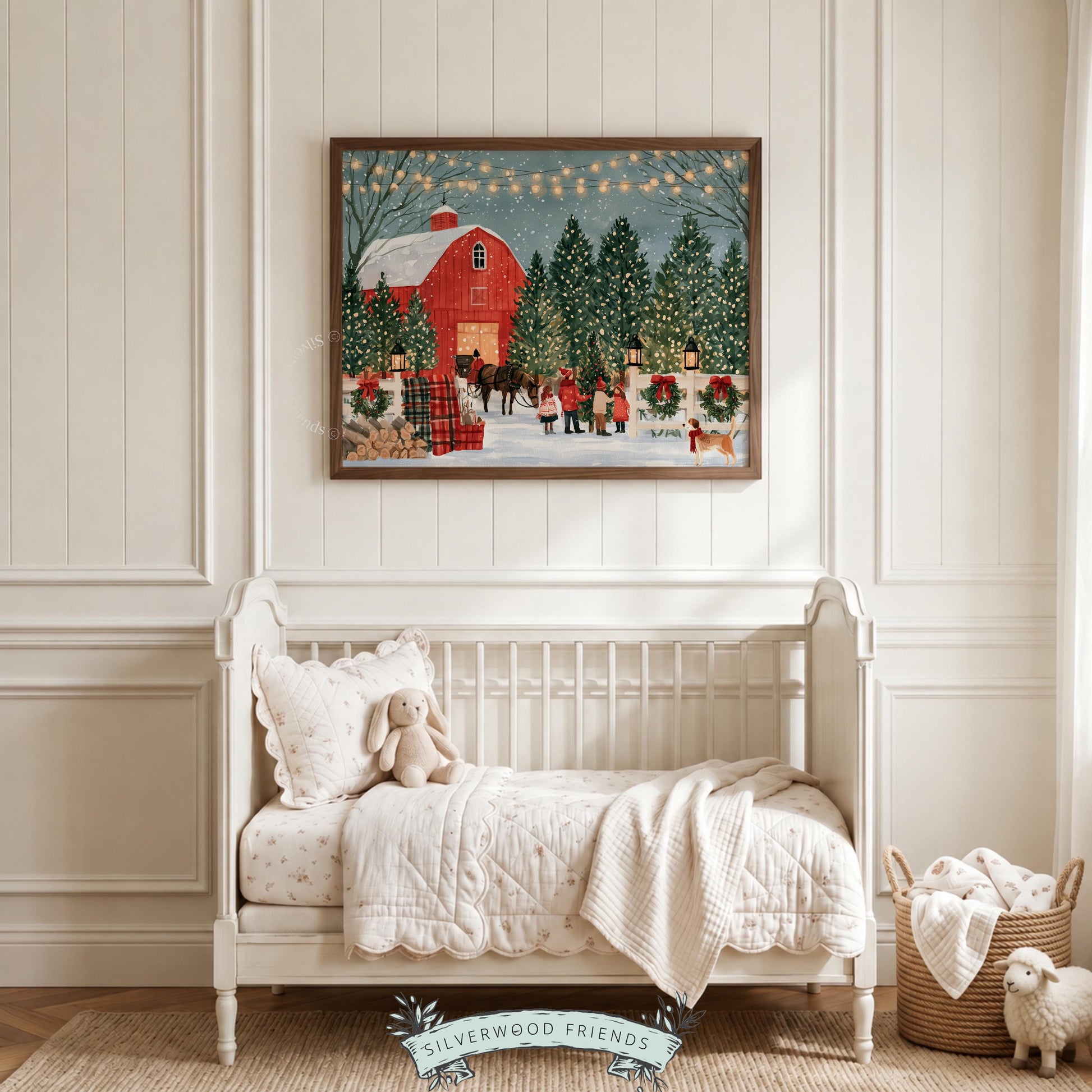 Christmas gathering artwork printable wall art — nostalgic farmhouse barn illustration with evergreens, lanterns, and warm holiday spirit