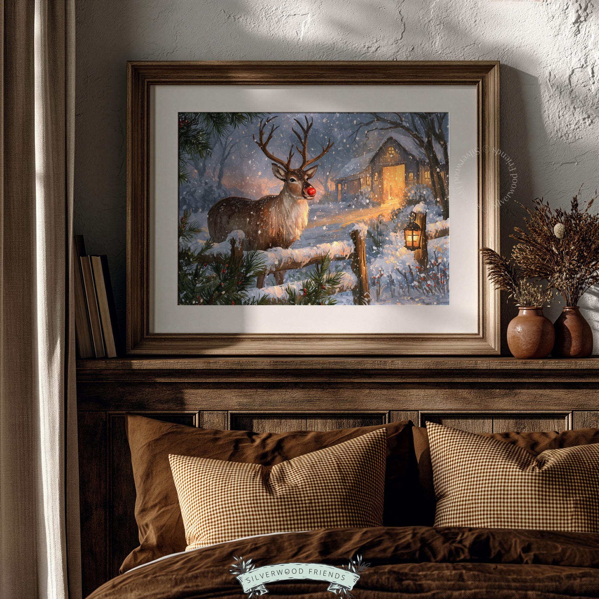 Rustic Christmas wall art for bedroom — glowing-nosed buck surrounded by pine and snow-covered landscape