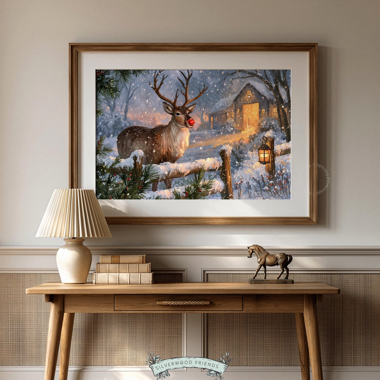 Farmhouse Christmas buck digital download — storybook reindeer scene with weathered fence and golden cottage