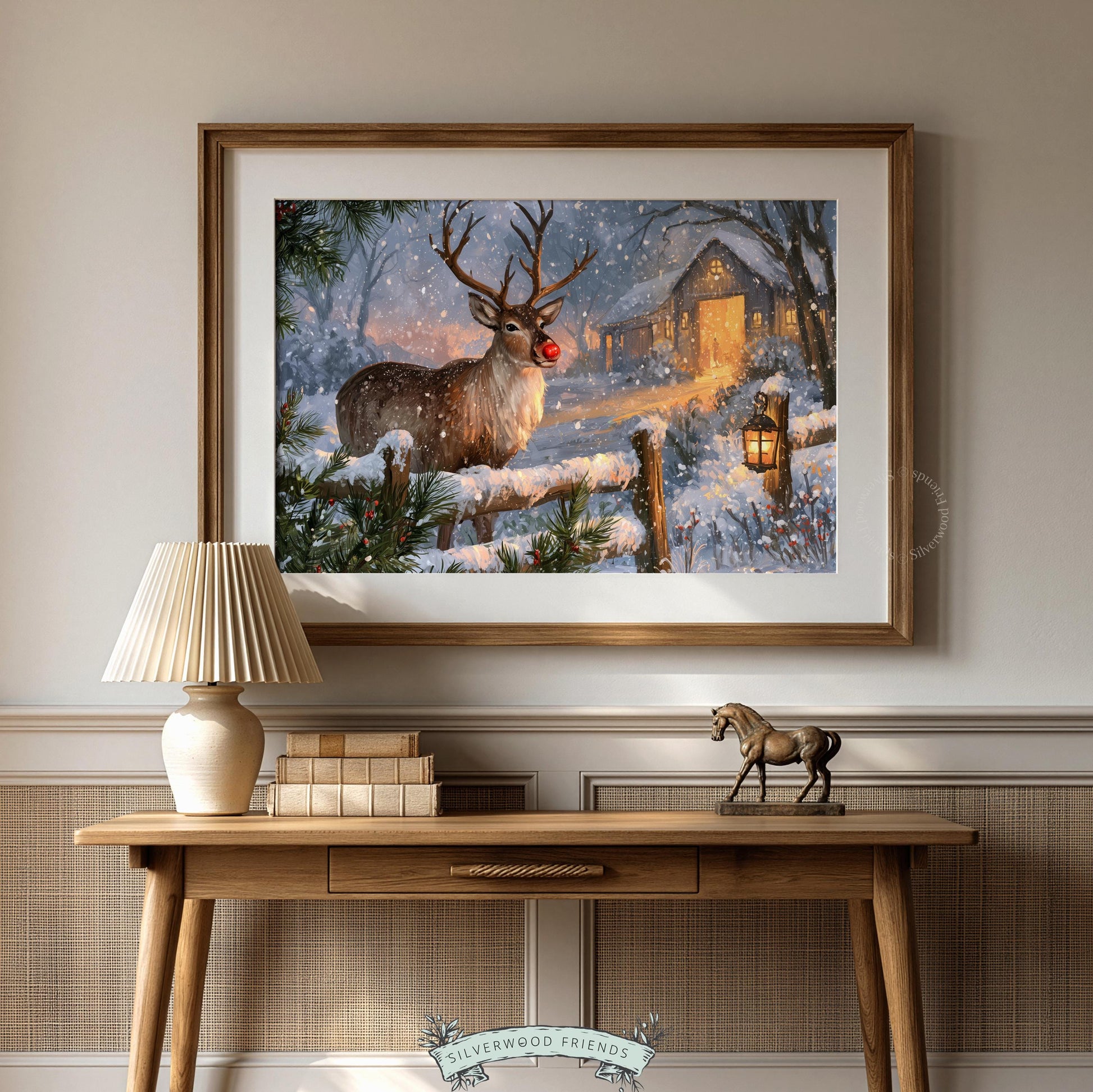 Farmhouse Christmas buck digital download — storybook reindeer scene with weathered fence and golden cottage