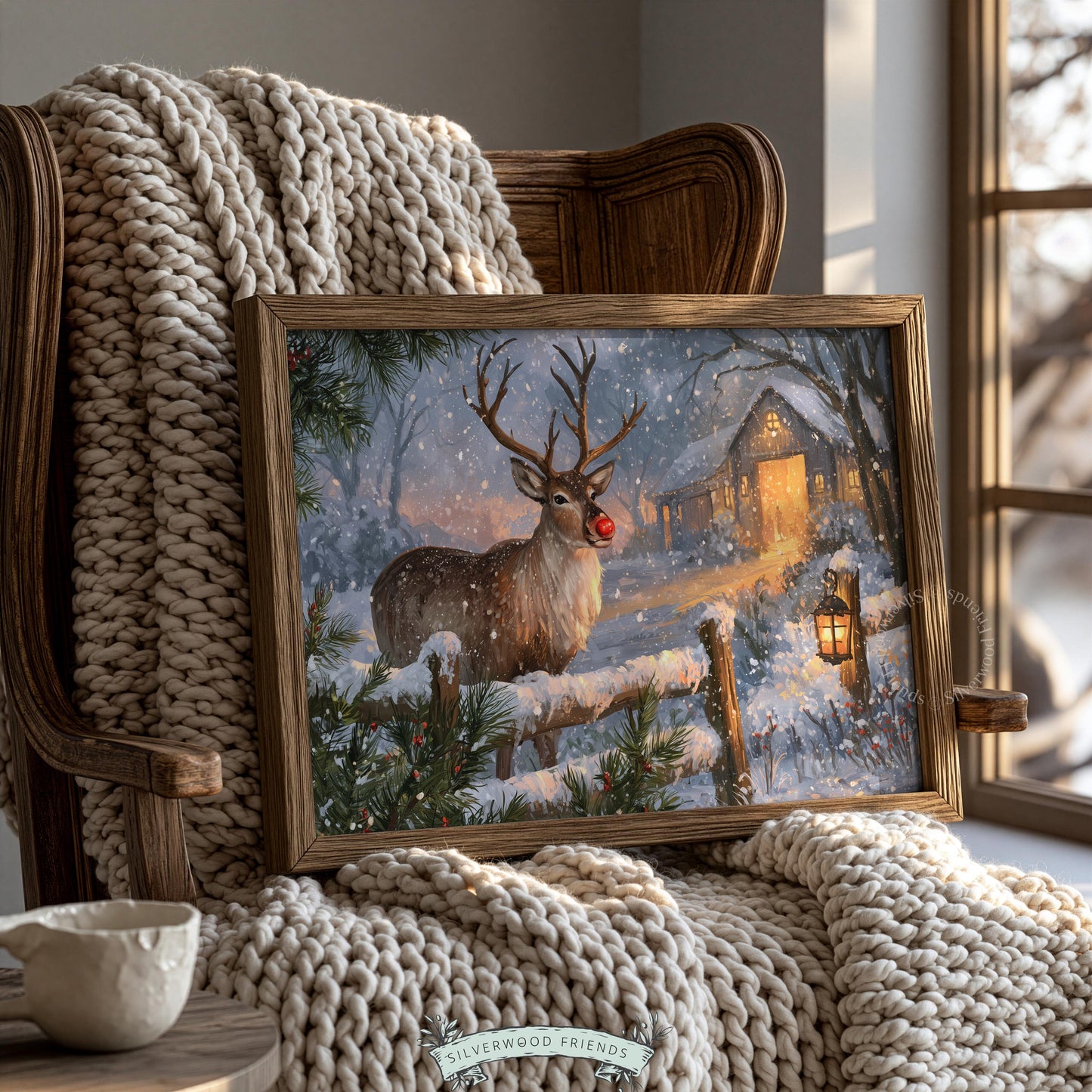 Cozy holiday reindeer instant download print — glowing buck in vintage countryside with rustic barn backdrop