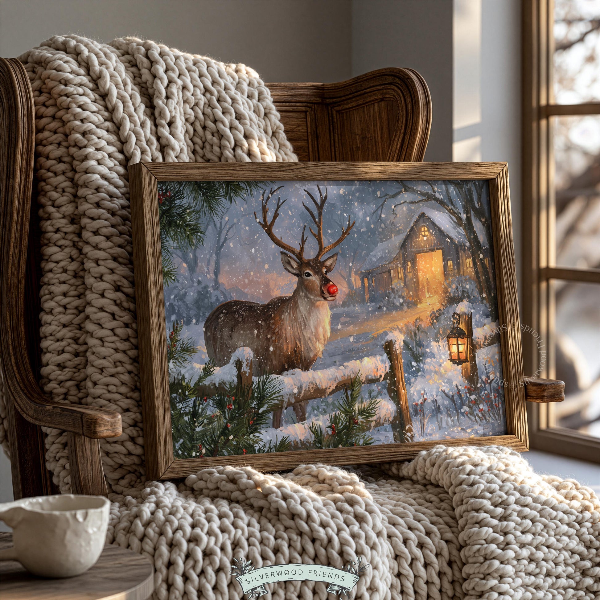 Cozy holiday reindeer instant download print — glowing buck in vintage countryside with rustic barn backdrop