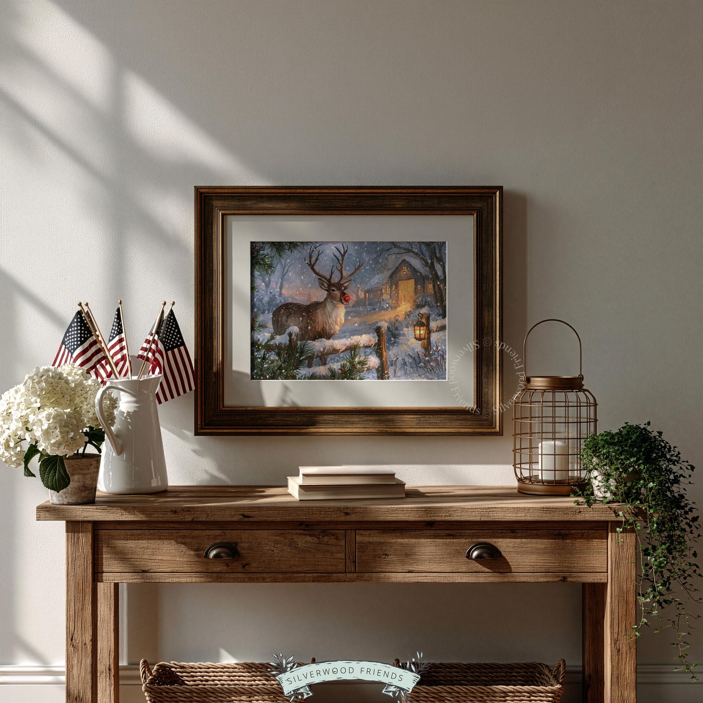 Vintage holiday painting featuring festive buck — snowy farmhouse backdrop with golden cottage windows and bare trees