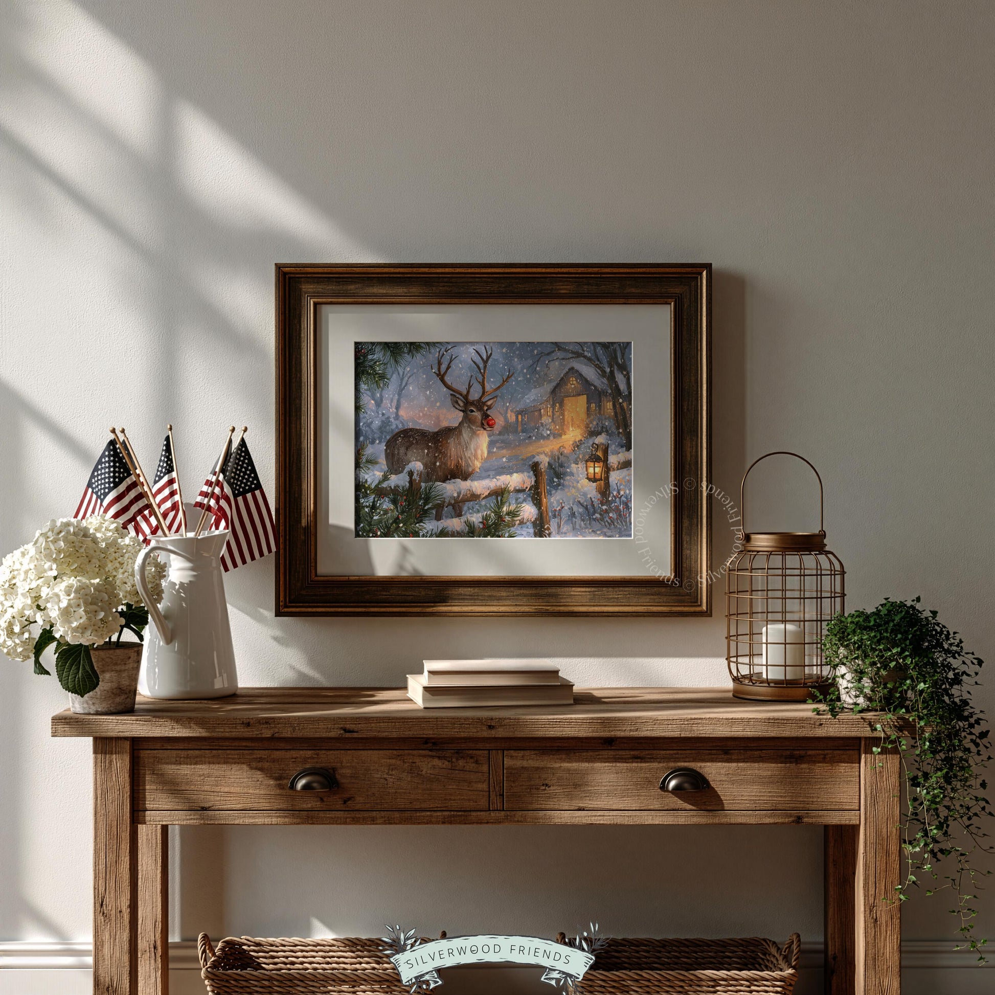 Vintage holiday painting featuring festive buck — snowy farmhouse backdrop with golden cottage windows and bare trees