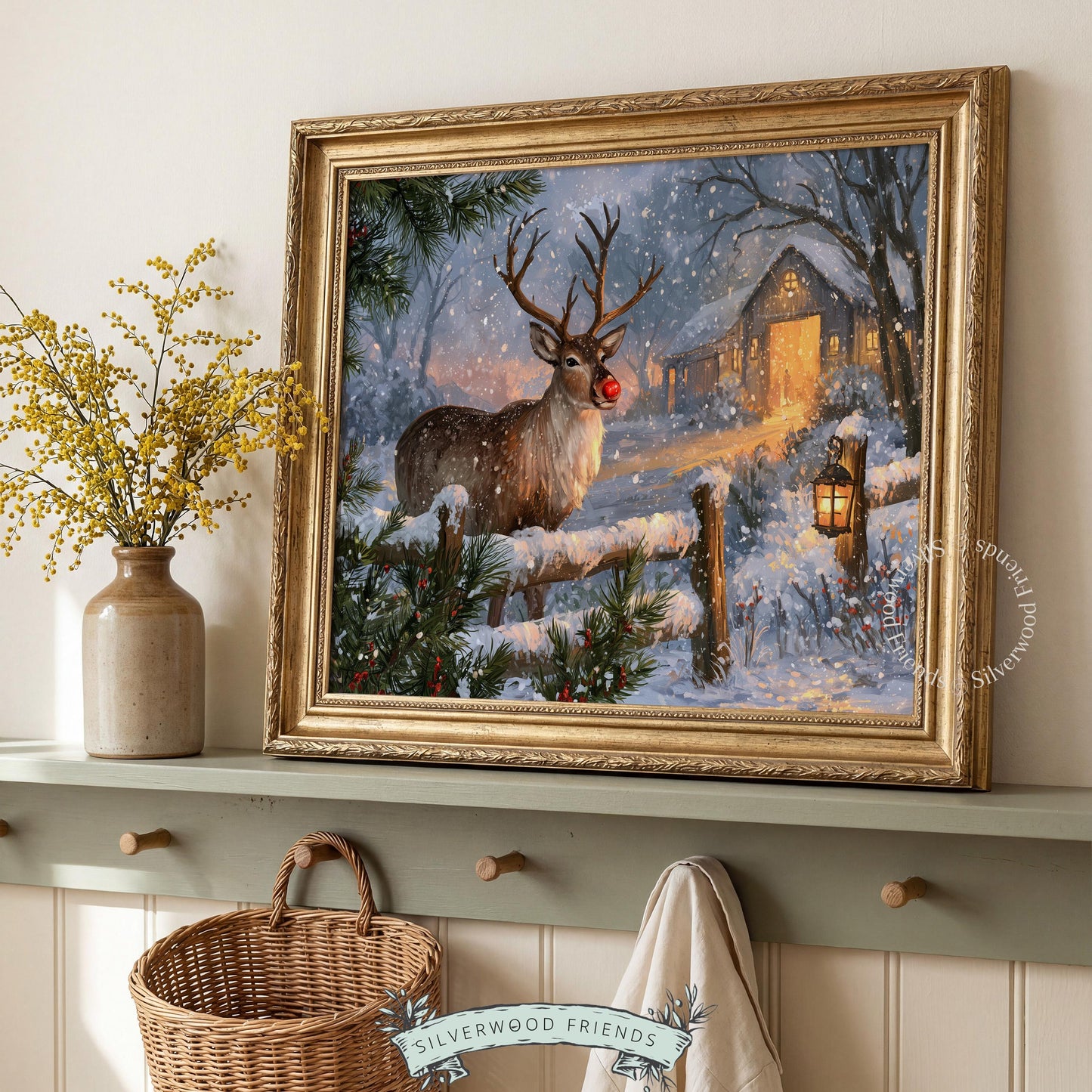 Storybook Christmas picture printable art — reindeer standing by wooden fence in vintage countryside setting