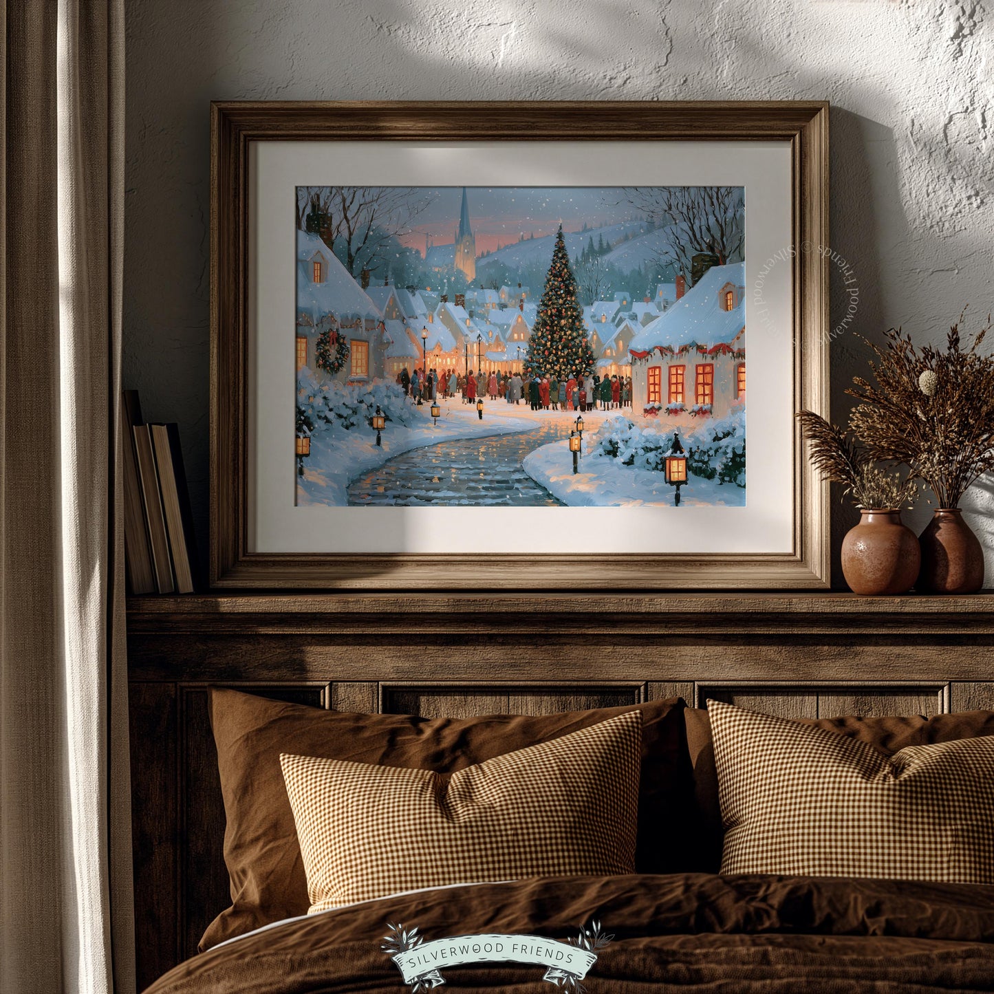 Festive village landscape picture for living space — warm-toned holiday scene with decorated tree and gathering townspeople