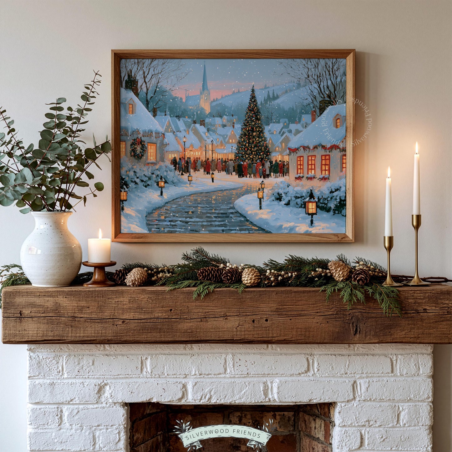 Snowy village scene digital print for living room — cozy Christmas artwork with glowing cottages and festive tree