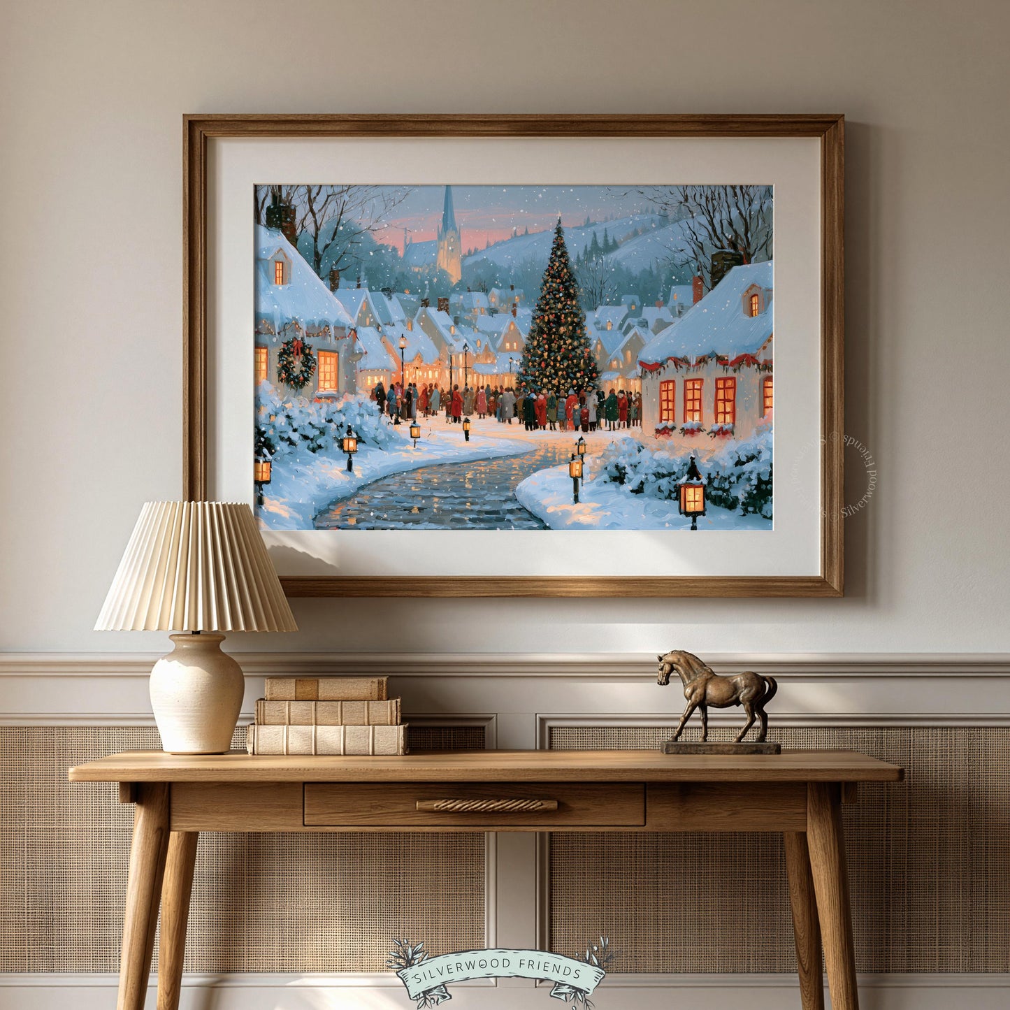 Cottagecore Christmas village poster instant download — charming vintage winter gathering with twinkling cottage lights