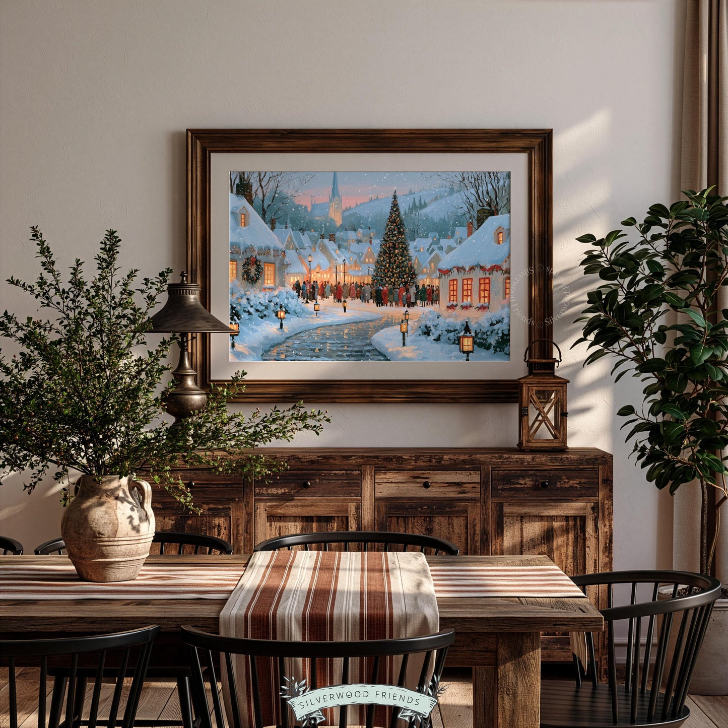 Warm winter village artwork digital print for home — festive holiday composition with soft lighting and vintage painterly style