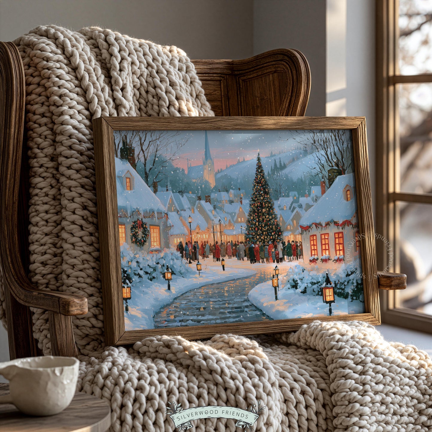 Old-fashioned Christmas town poster for kitchen — vintage aesthetic with glowing street lamps and falling snow
