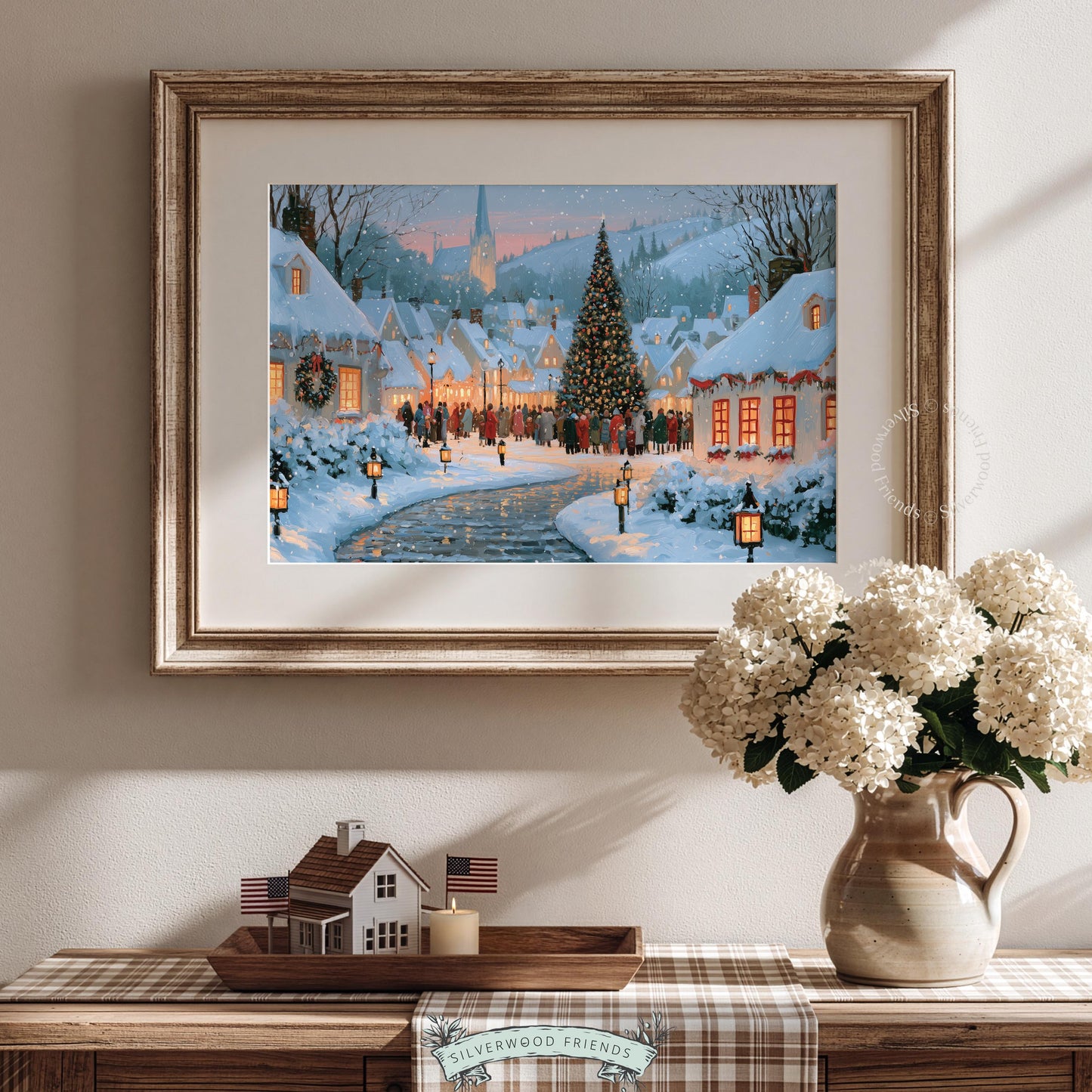 Vintage holiday settlement poster wall art — nostalgic winter evening with illuminated windows and seasonal charm