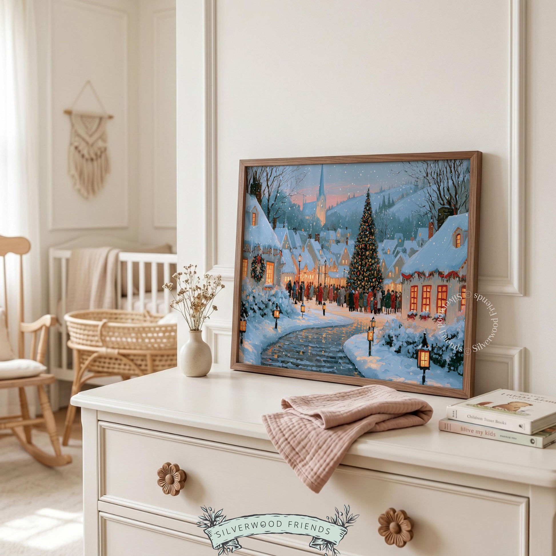 Painted winter wonderland poster for bathroom — quaint holiday town with decorated evergreen centerpiece