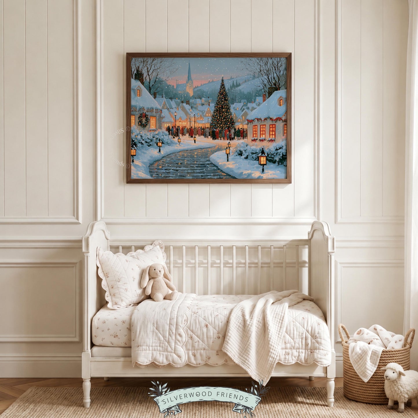 Christmas village poster for entryway — vintage-style festive gathering with decorated evergreen and church steeple