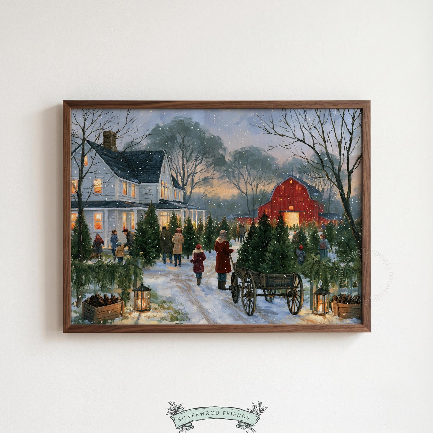 Fresh-cut Christmas tree field wall art for bedroom — peaceful snow-covered landscape with glowing barn