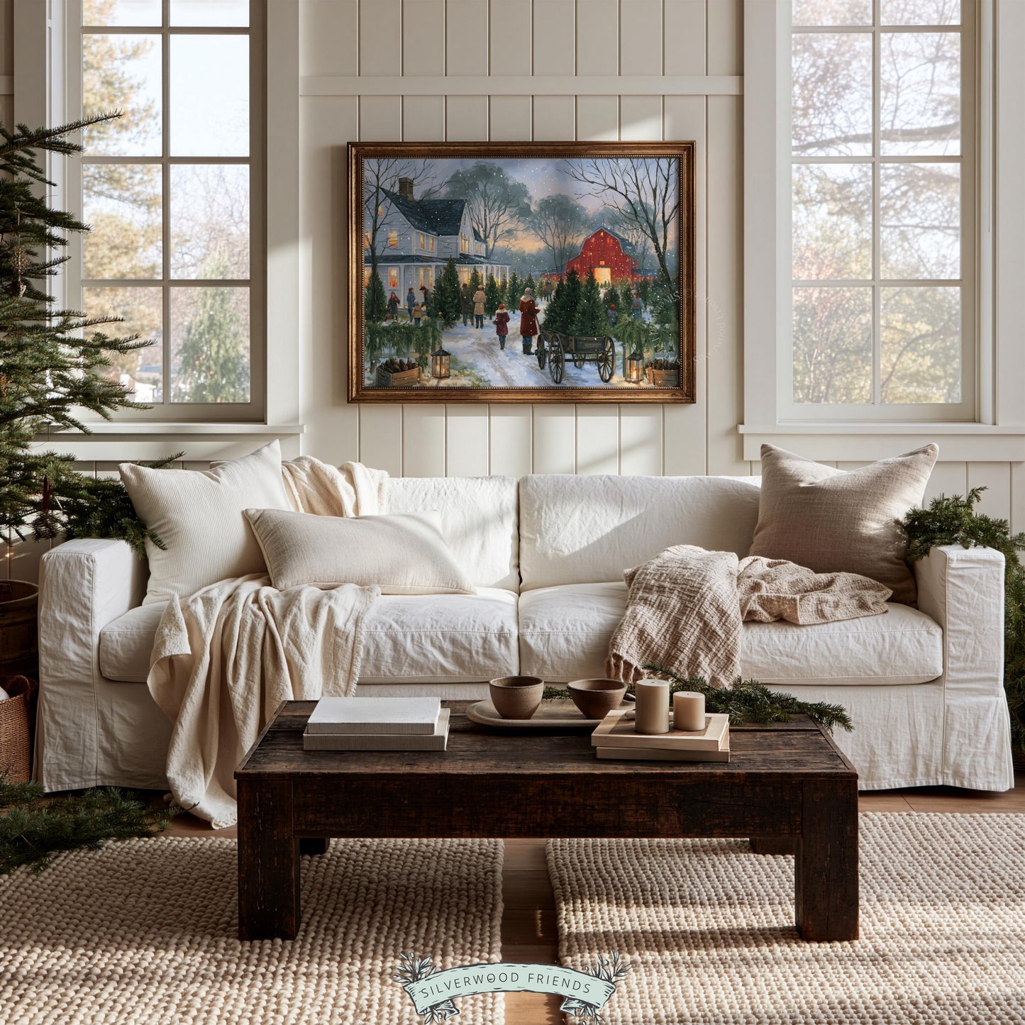 Peaceful winter orchard artwork for living spaces — rustic holiday mood with families in festive coats