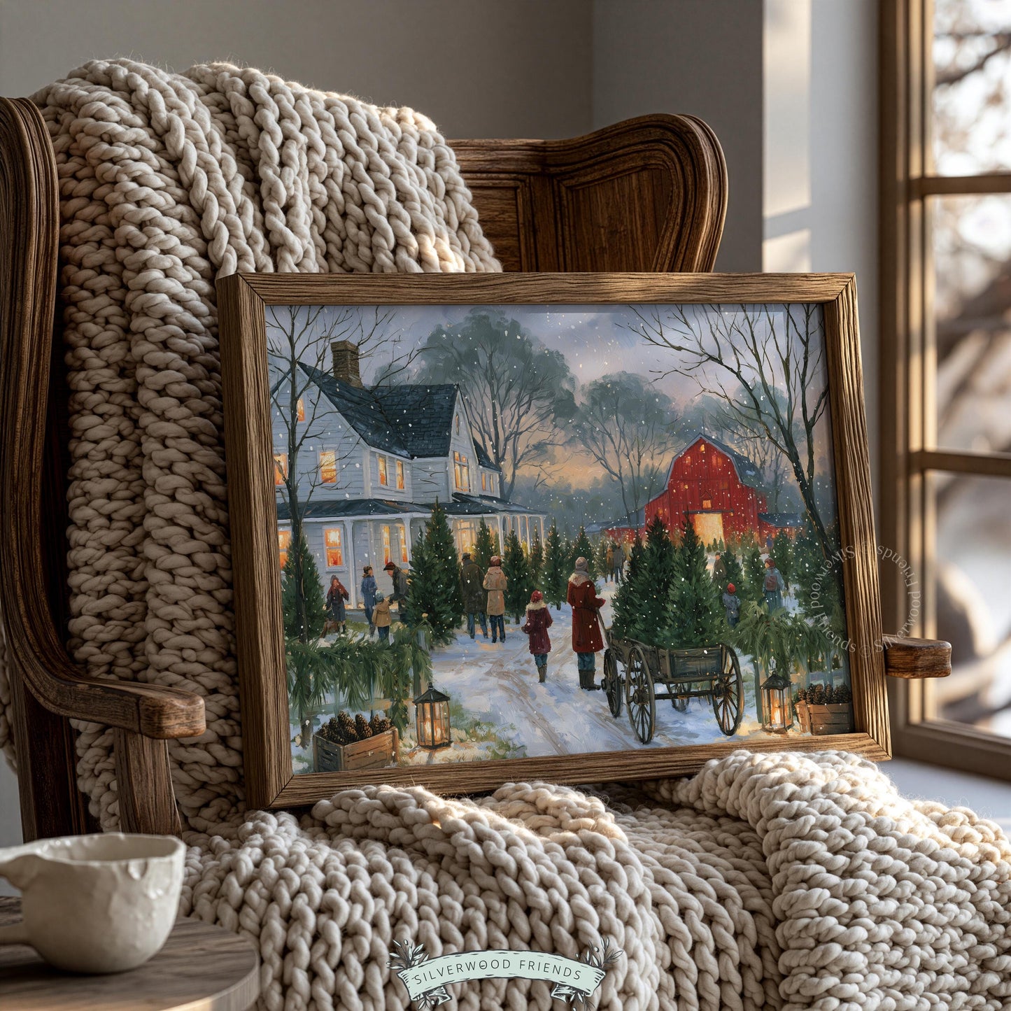 Festive evergreen farm printable wall decor for kitchen — vintage-style landscape with lantern-lit pathway