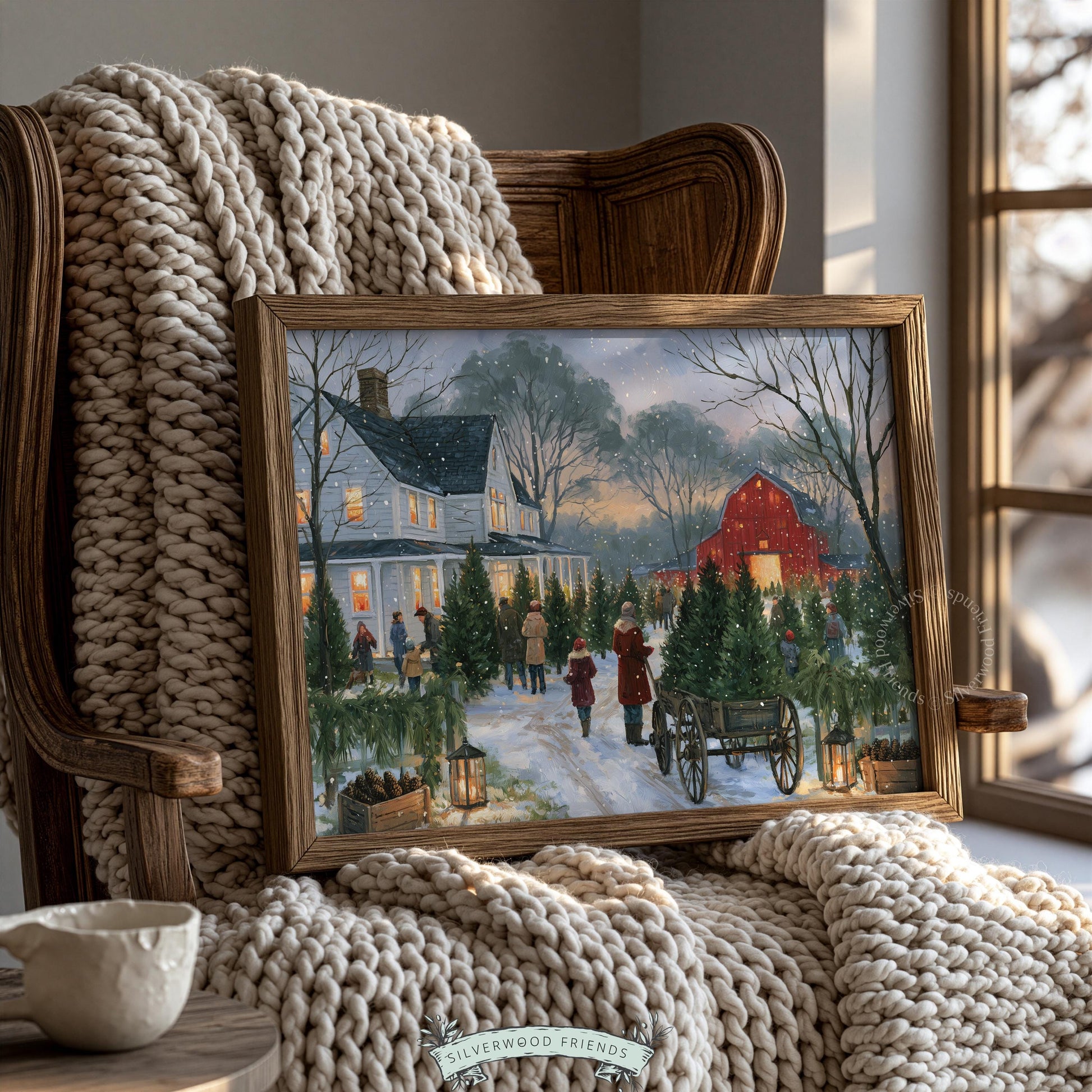 Festive evergreen farm printable wall decor for kitchen — vintage-style landscape with lantern-lit pathway