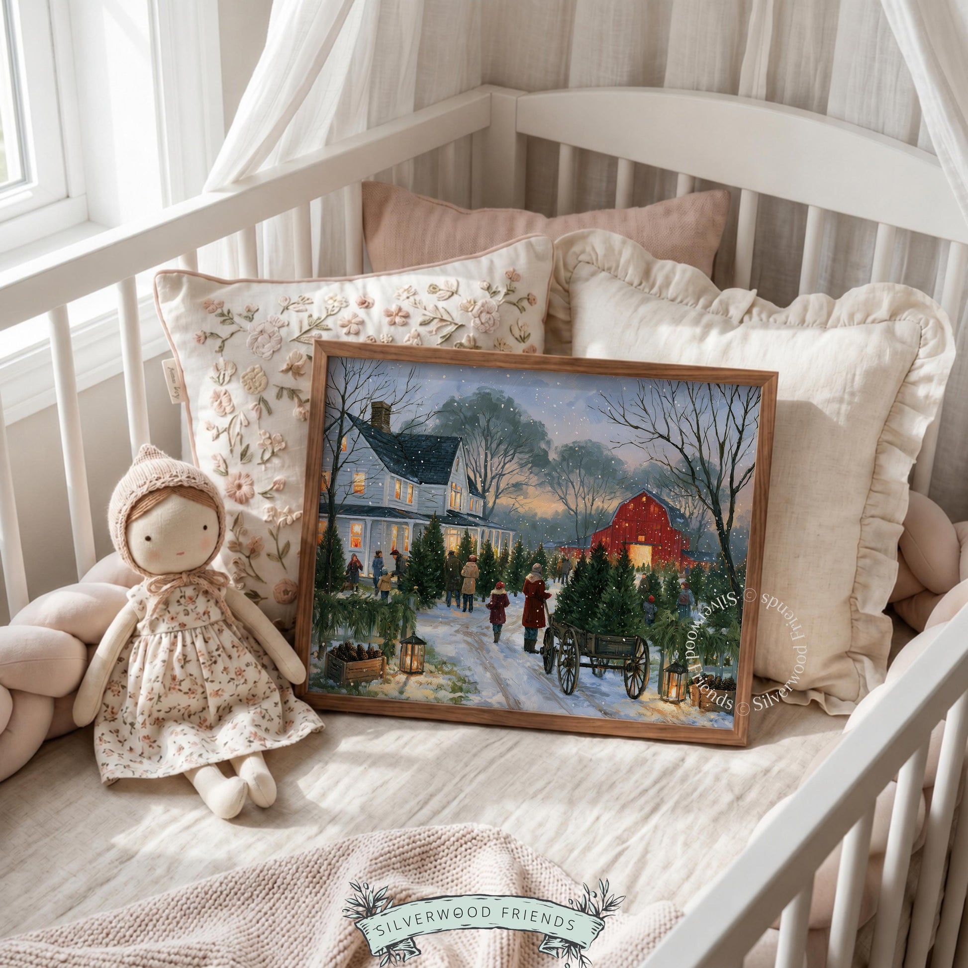 Christmas tree farm painting printable art for living room — cozy winter farmhouse with warm lantern glow