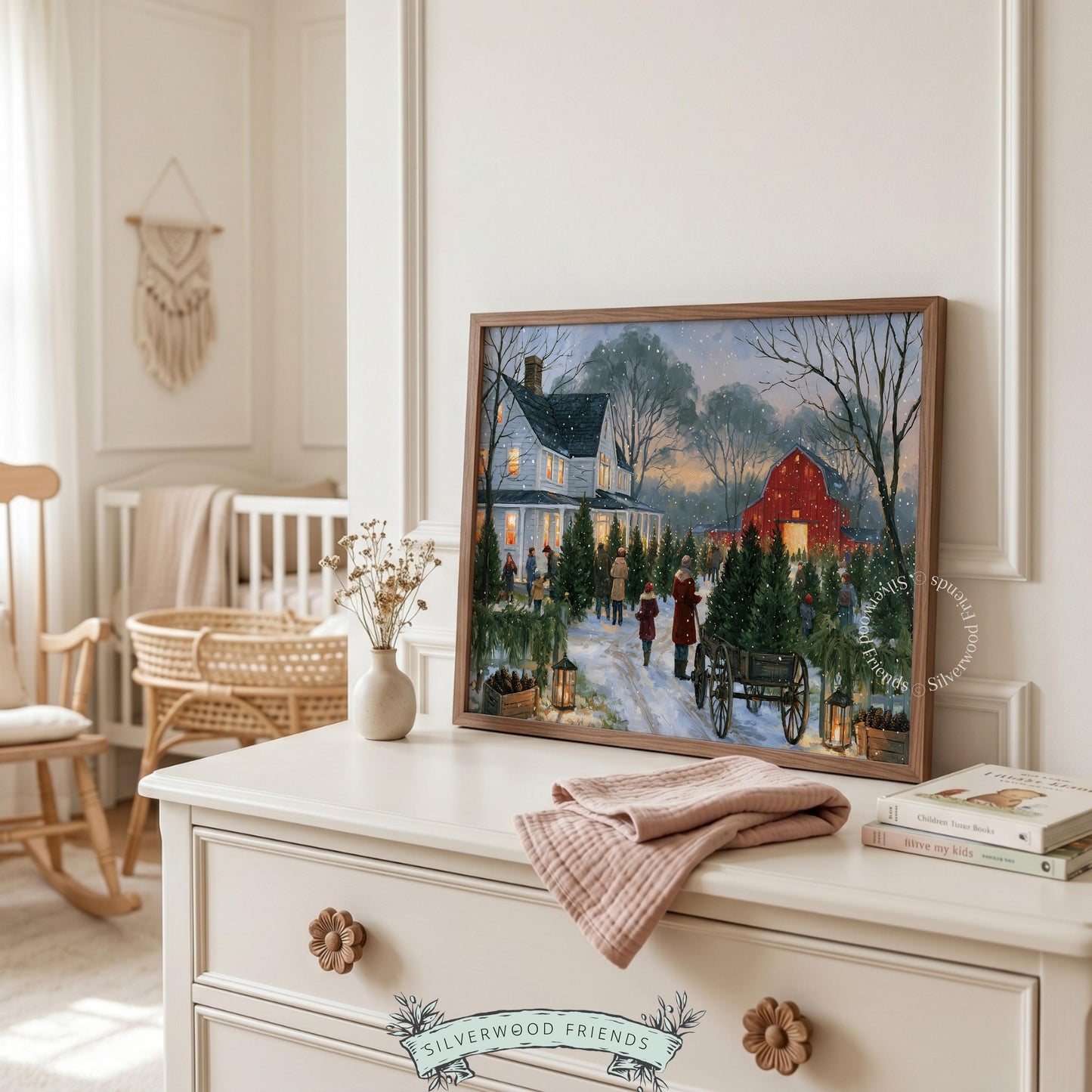 Christmas tree grove painting digital download — farmhouse winter wonderland with wooden wagon detail