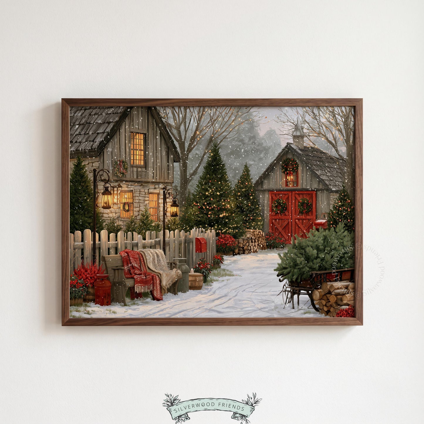 Festive farmhouse Christmas wall print for kitchen — warm glowing windows and decorated evergreen trees