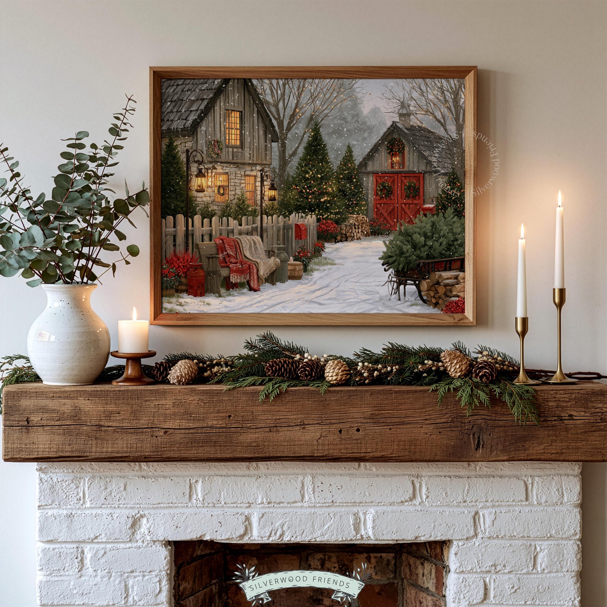 Cozy Christmas countryside poster showing weathered barns, twinkling landscape, and soft farmhouse warmth