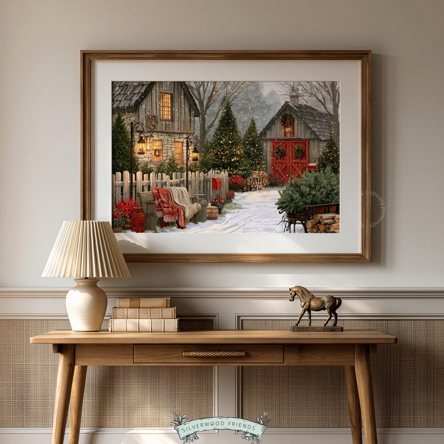 Rustic holiday tree farm artwork for dining room — painterly style with soft colors and farmhouse warmth