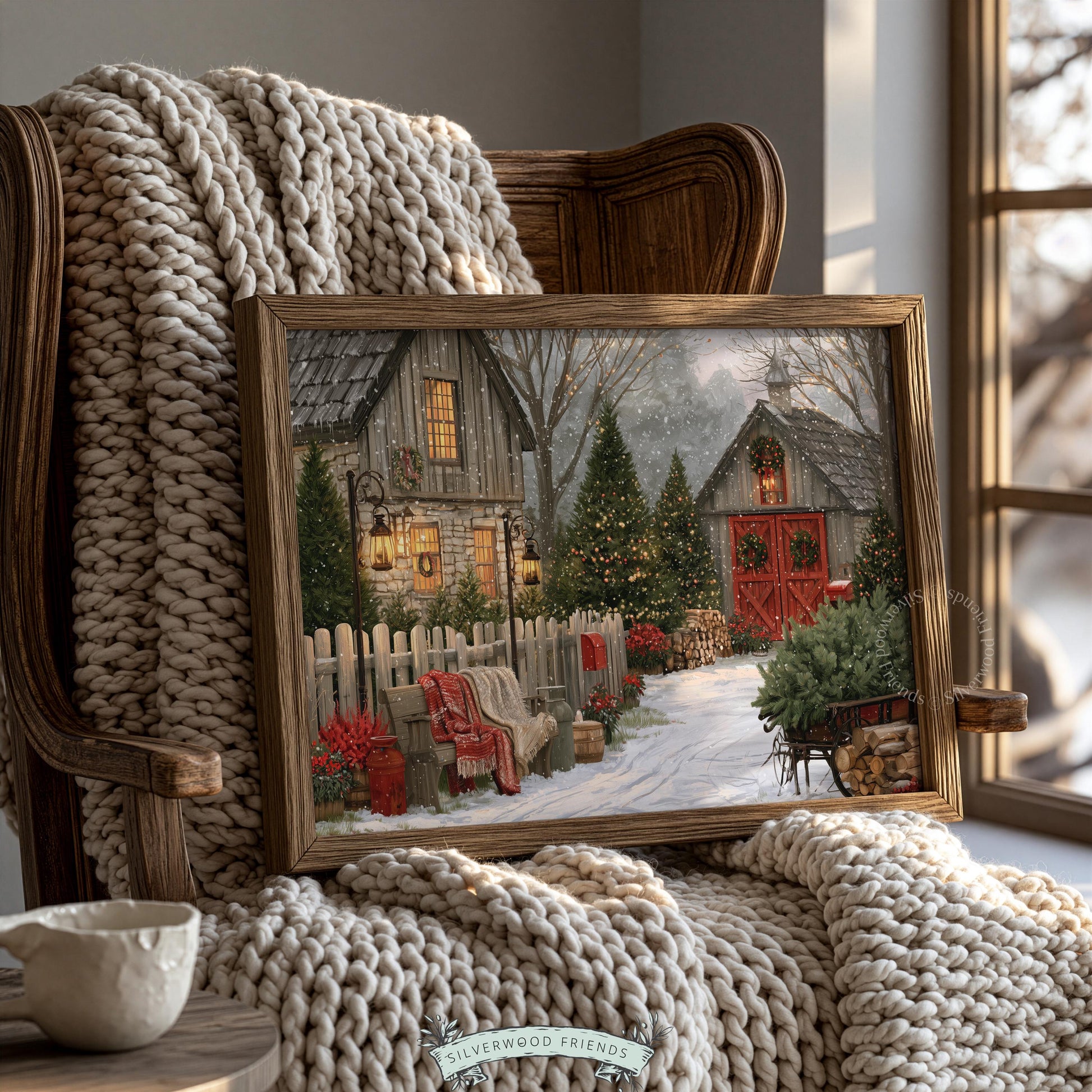 Cozy winter cabin printable print depicting festive landscape with bench, blanket, and twinkling lights