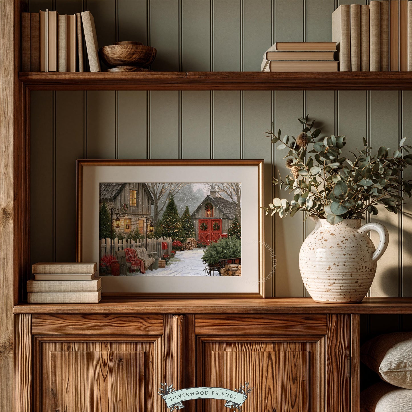 Vintage winter holiday farm artwork for nursery — gentle festive scene with sleigh, trees, and seasonal décor