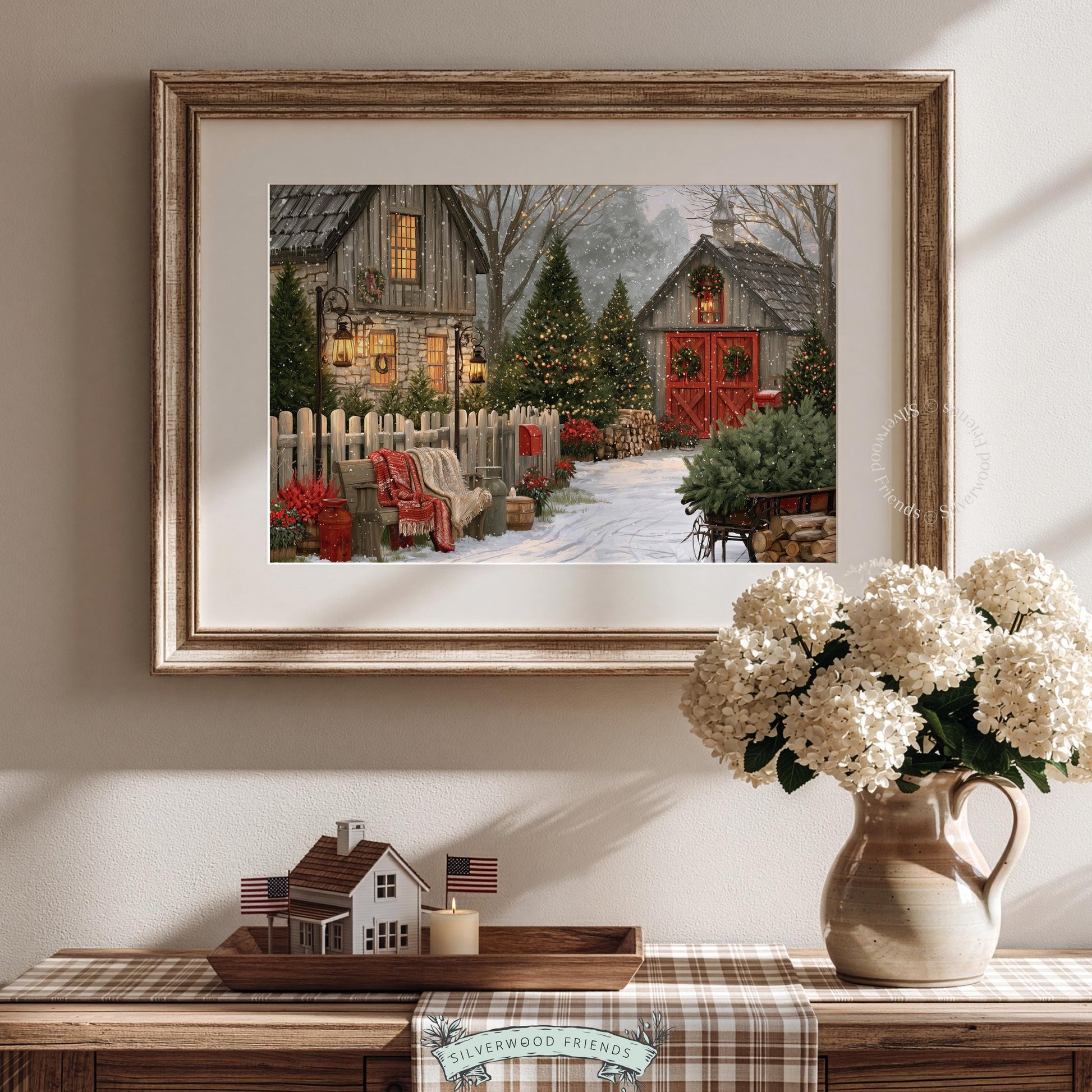 Vintage countryside Christmas picture for hallway — nostalgic farm scene with decorated trees and sleigh