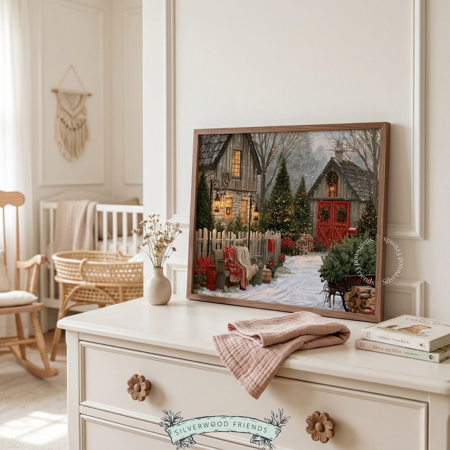Christmas farmstead digital print for study — cottagecore holiday scene with warm painterly aesthetic