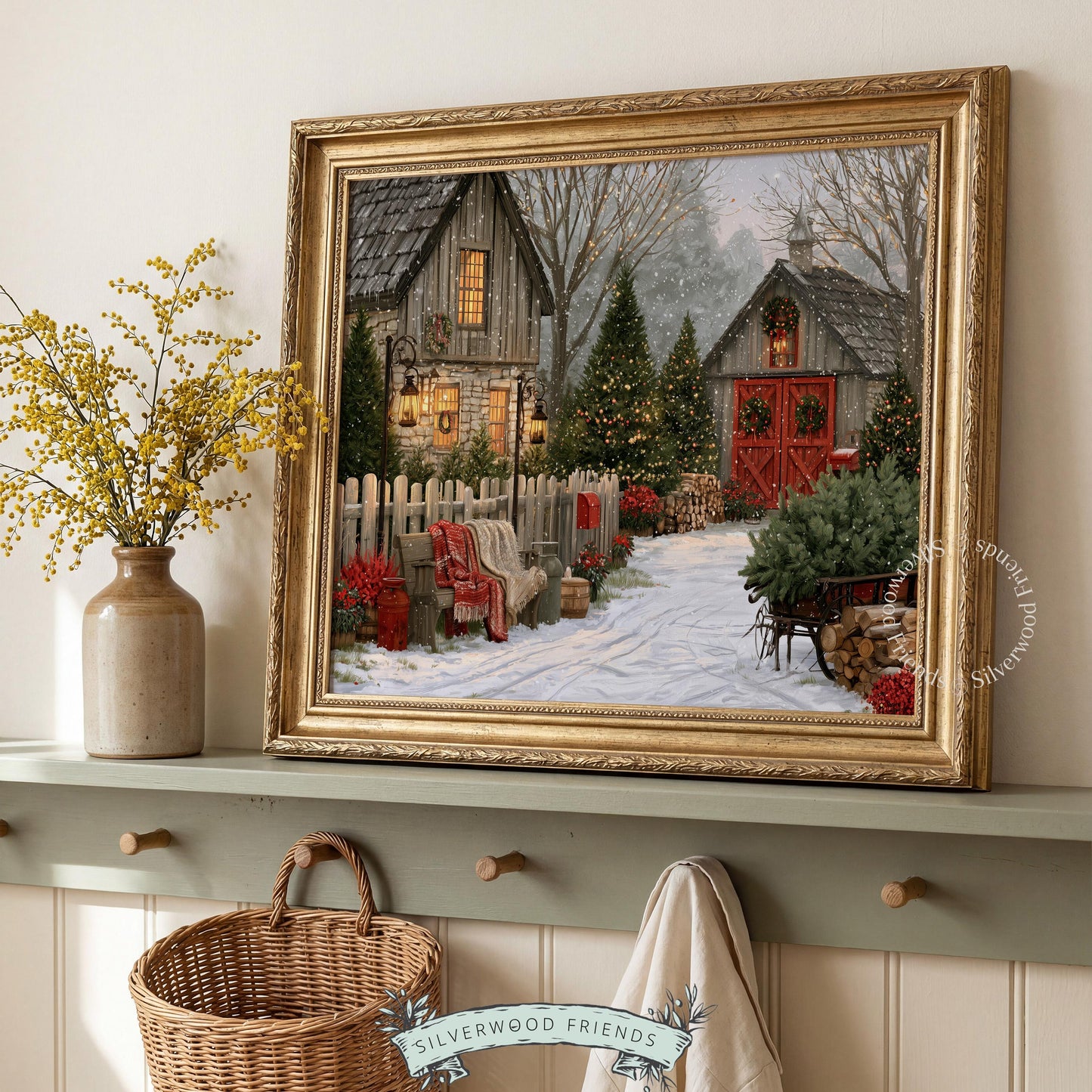 Farmhouse holiday poster art featuring snowy grounds, glowing farmhouse windows, and rustic charm