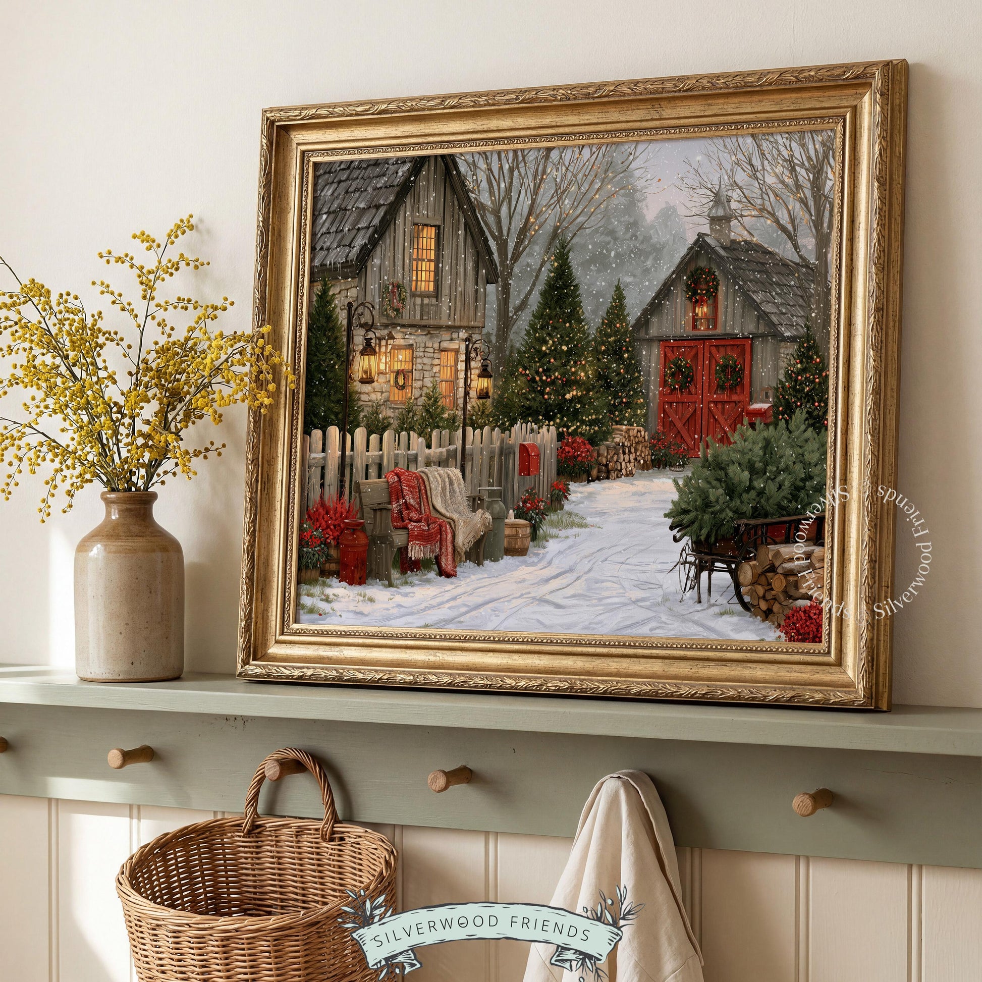 Farmhouse holiday poster art featuring snowy grounds, glowing farmhouse windows, and rustic charm
