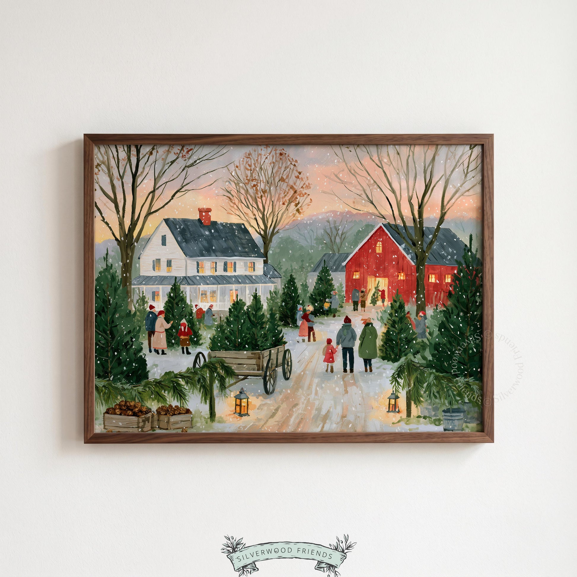 Festive countryside artwork digital print for kitchen — snowy tree farm with figures in winter coats