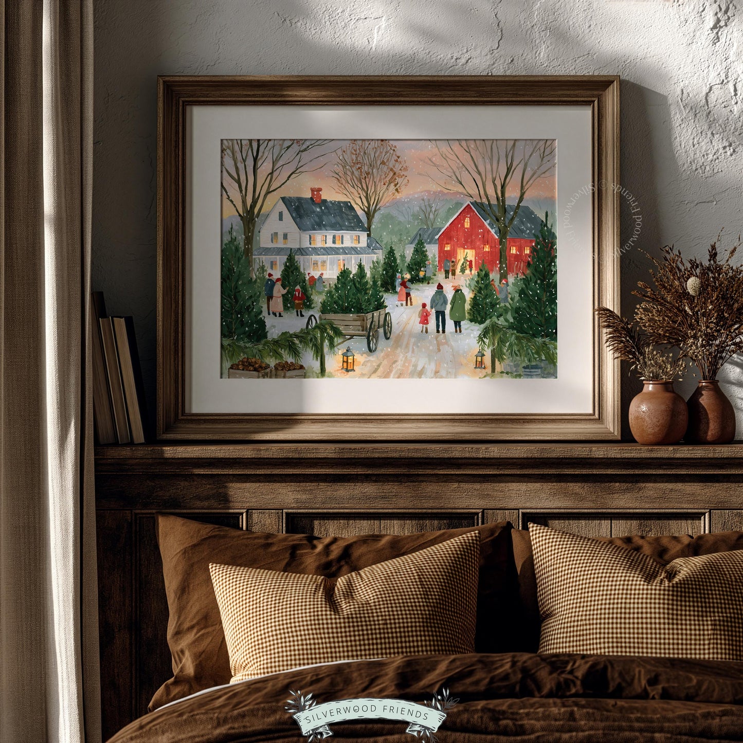 Winter gathering printable wall art for dining room — snowy orchard scene with vintage farmhouse charm